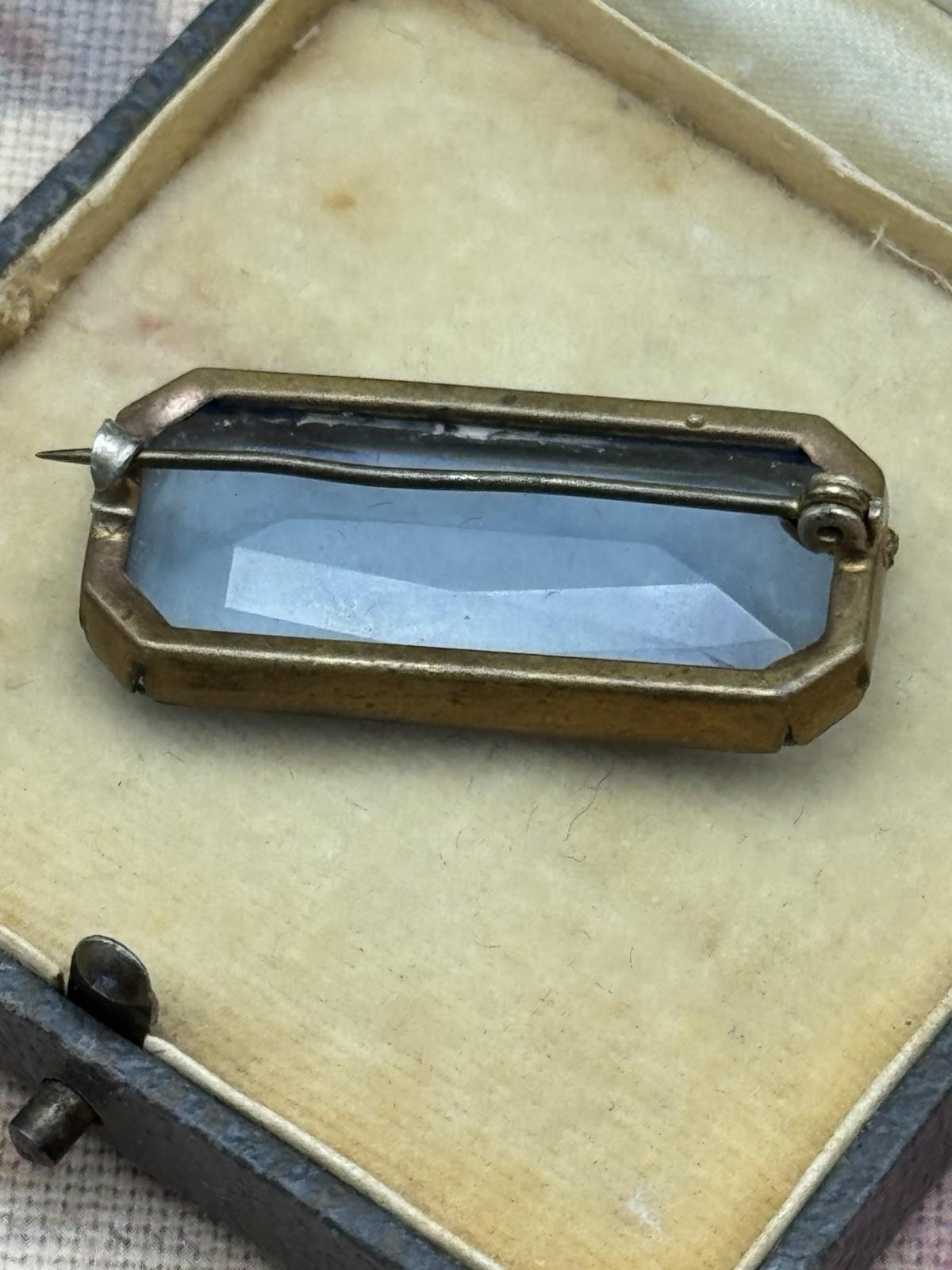 Antique Brooch Art Deco Style Blue Glass Bar Pin ca. 1.38” x 0.67”