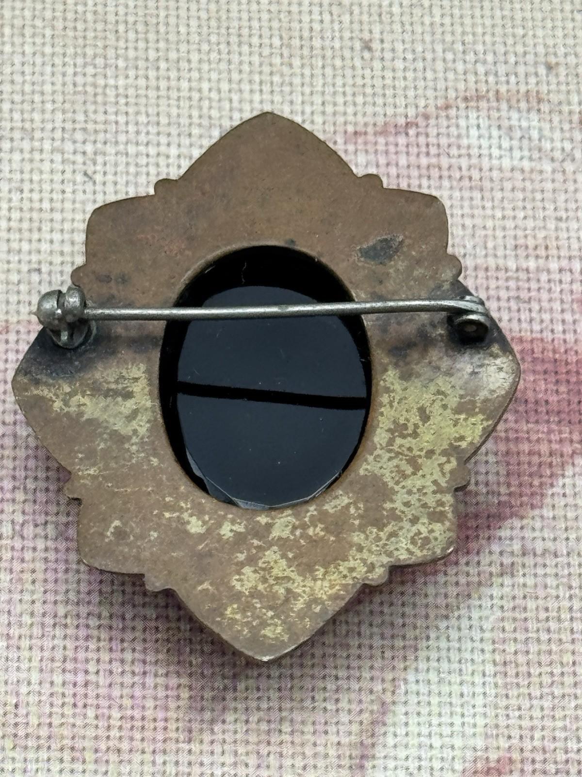 Antique Cameo Brooch Black Glass Original Frame Art Deco Style 1.57” x 1.38”