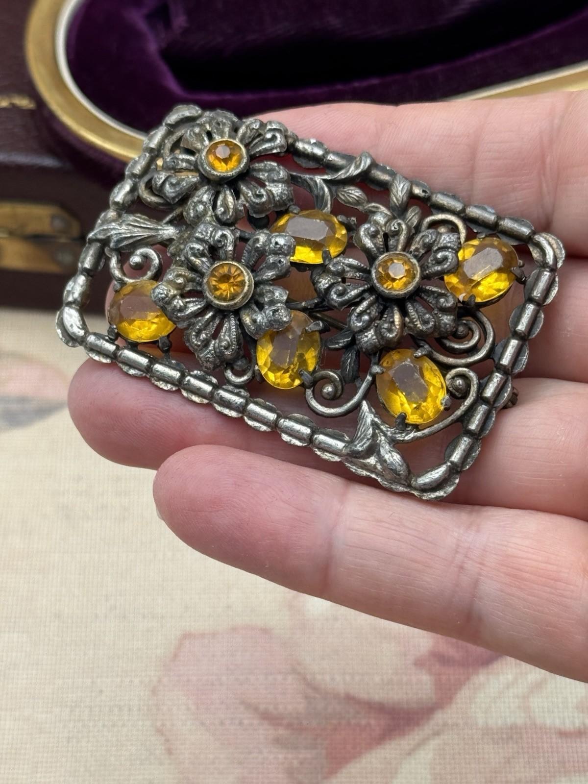 Antique Brooch Floral Whiskey Color Glass Rhinestone Openwork 2.35” x 1.57”