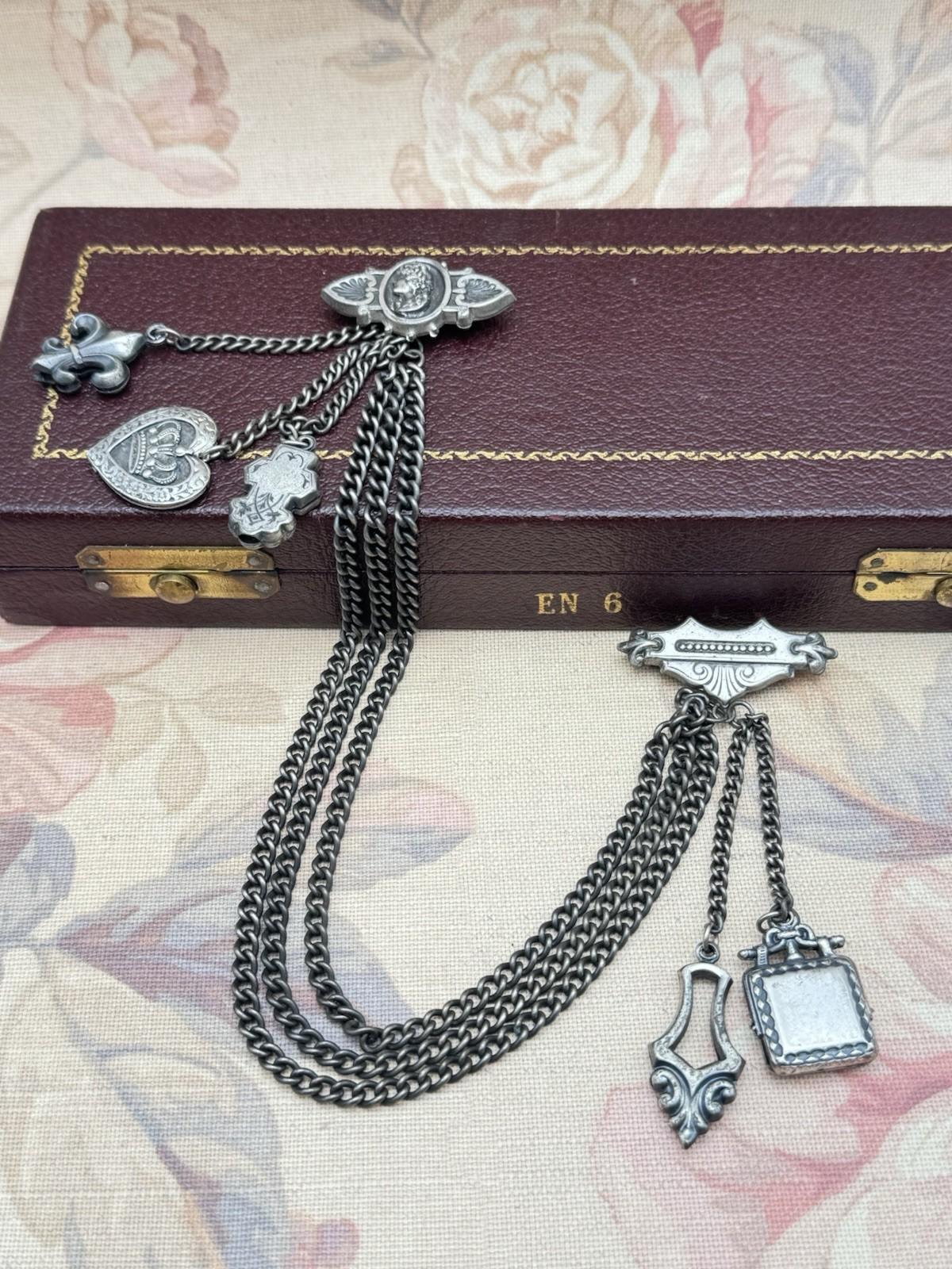 Vintage Victorian Revival Chatelaine Brooch Guard w/ Chains & Charms 15” RARE