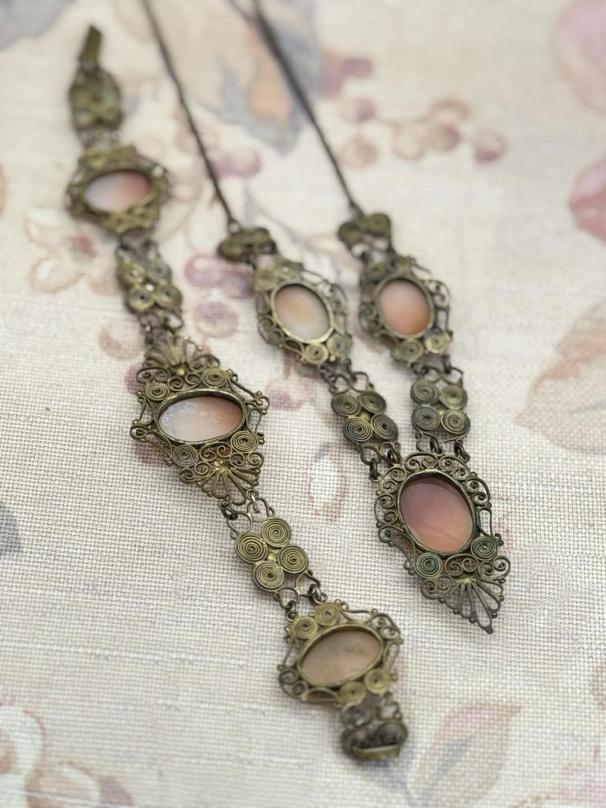 Antique Cameo Necklace & Bracelet Set – Silvertone Filigree with Goldwash