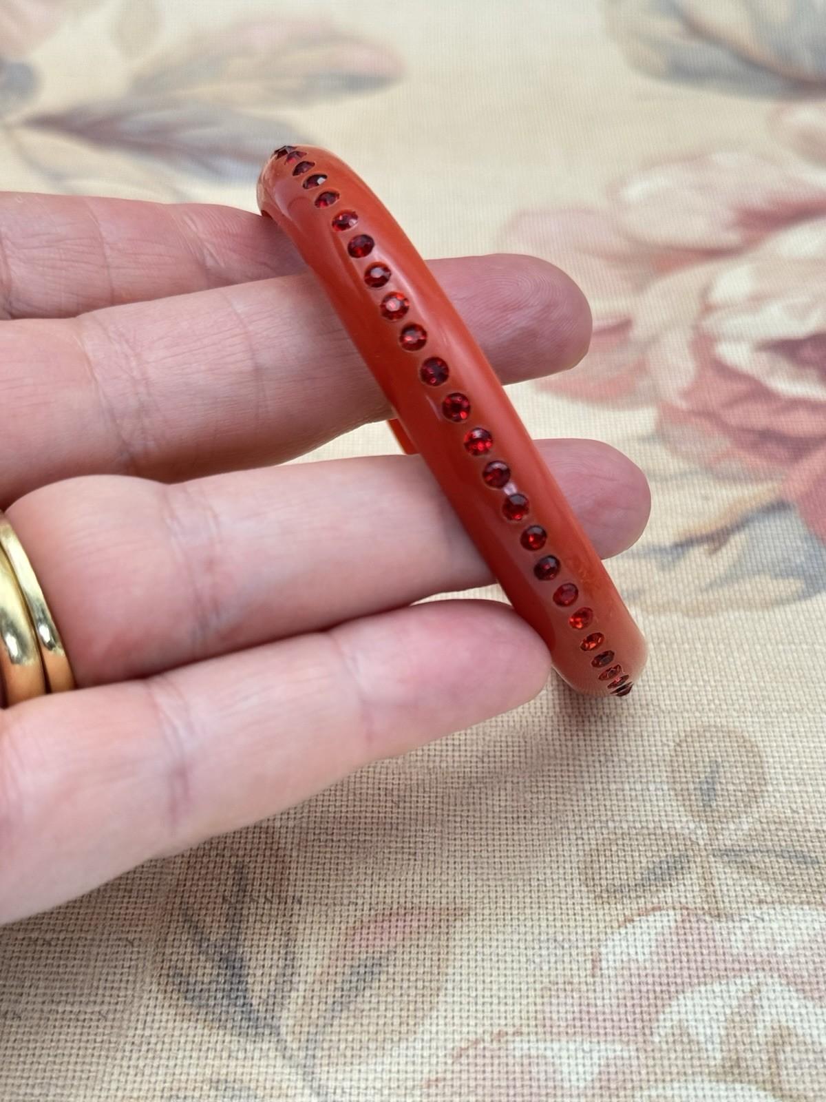 Vintage Red Celluloid Rhinestone Bangle Bracelet – 8” Diameter, .43” Wide