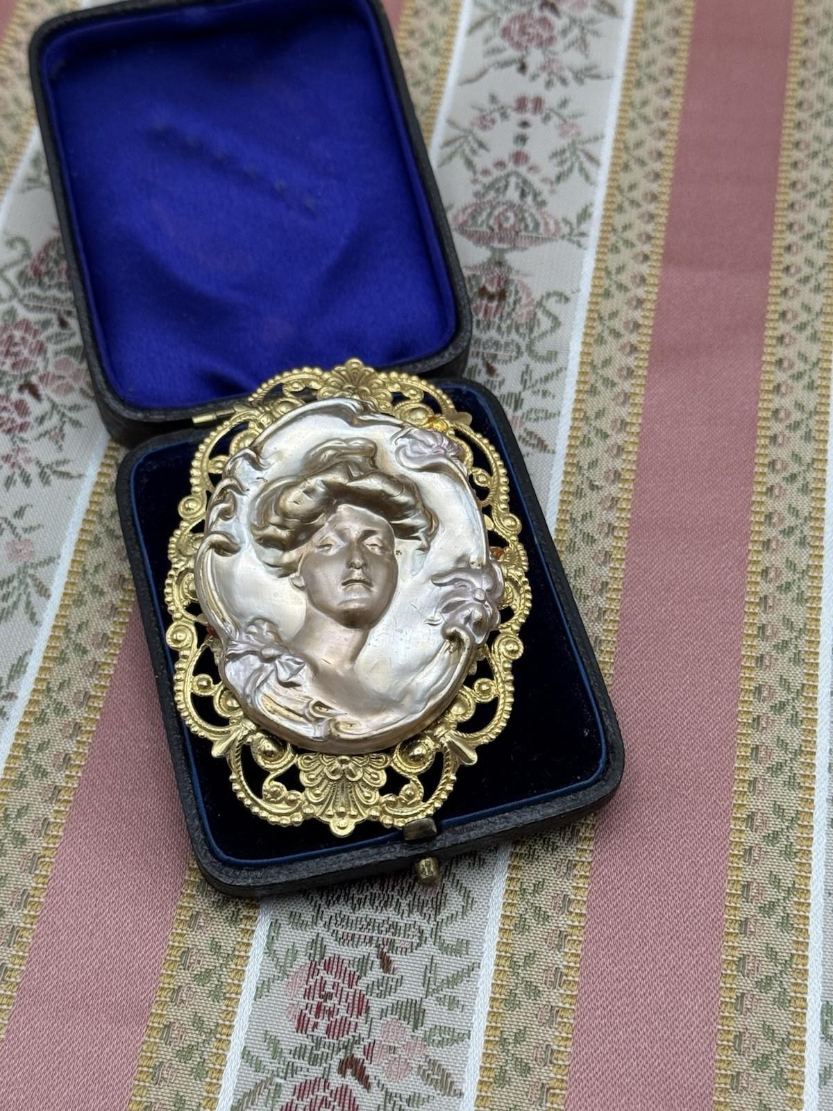 Art Nouveau Style Woman Brooch Pendant – 3” by 2” – Gilt Metal Filigree Frame