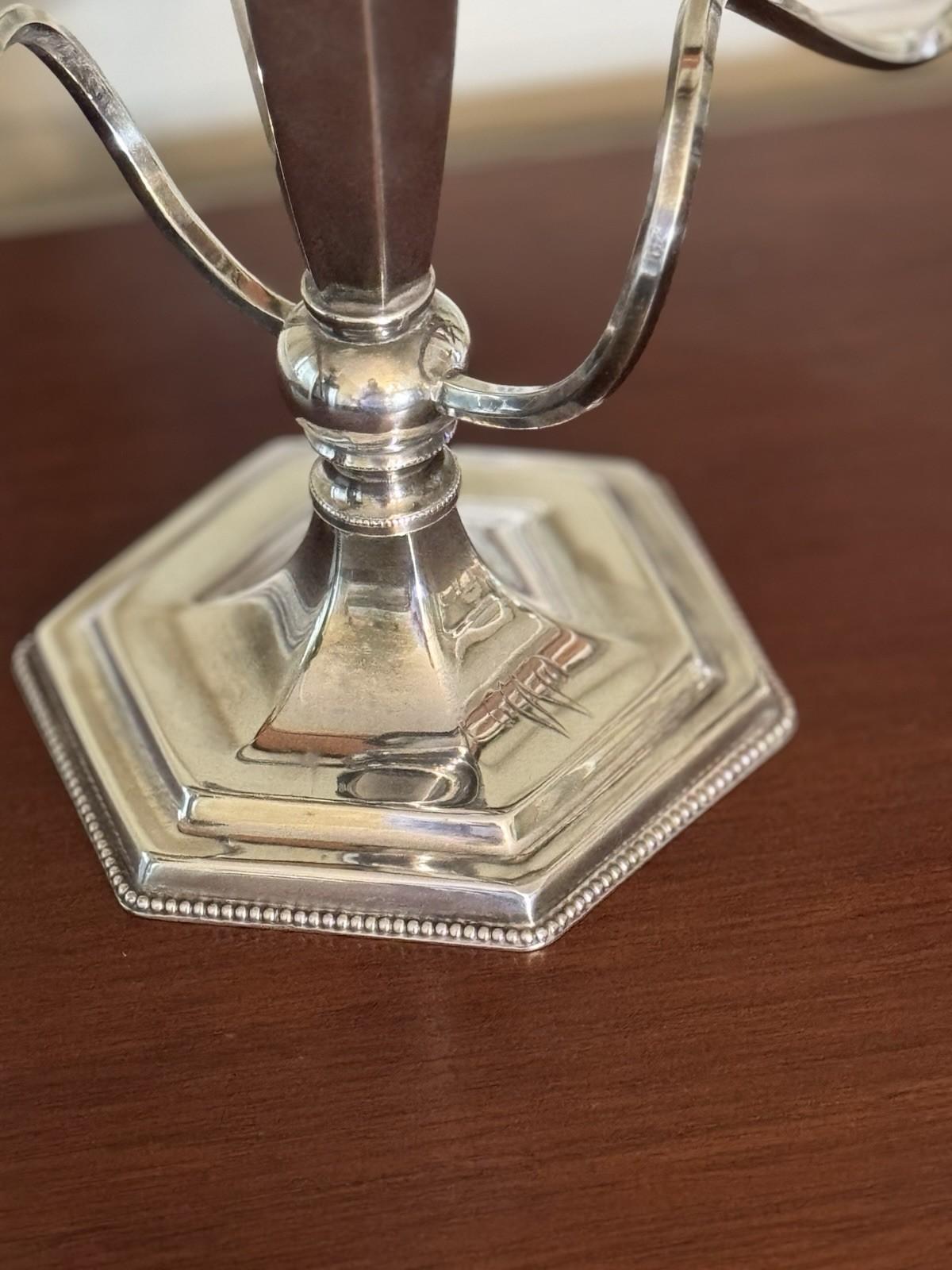 Pair Antique Poole Quadruple Silverplate 3-Light Candelabra Monogram W/M