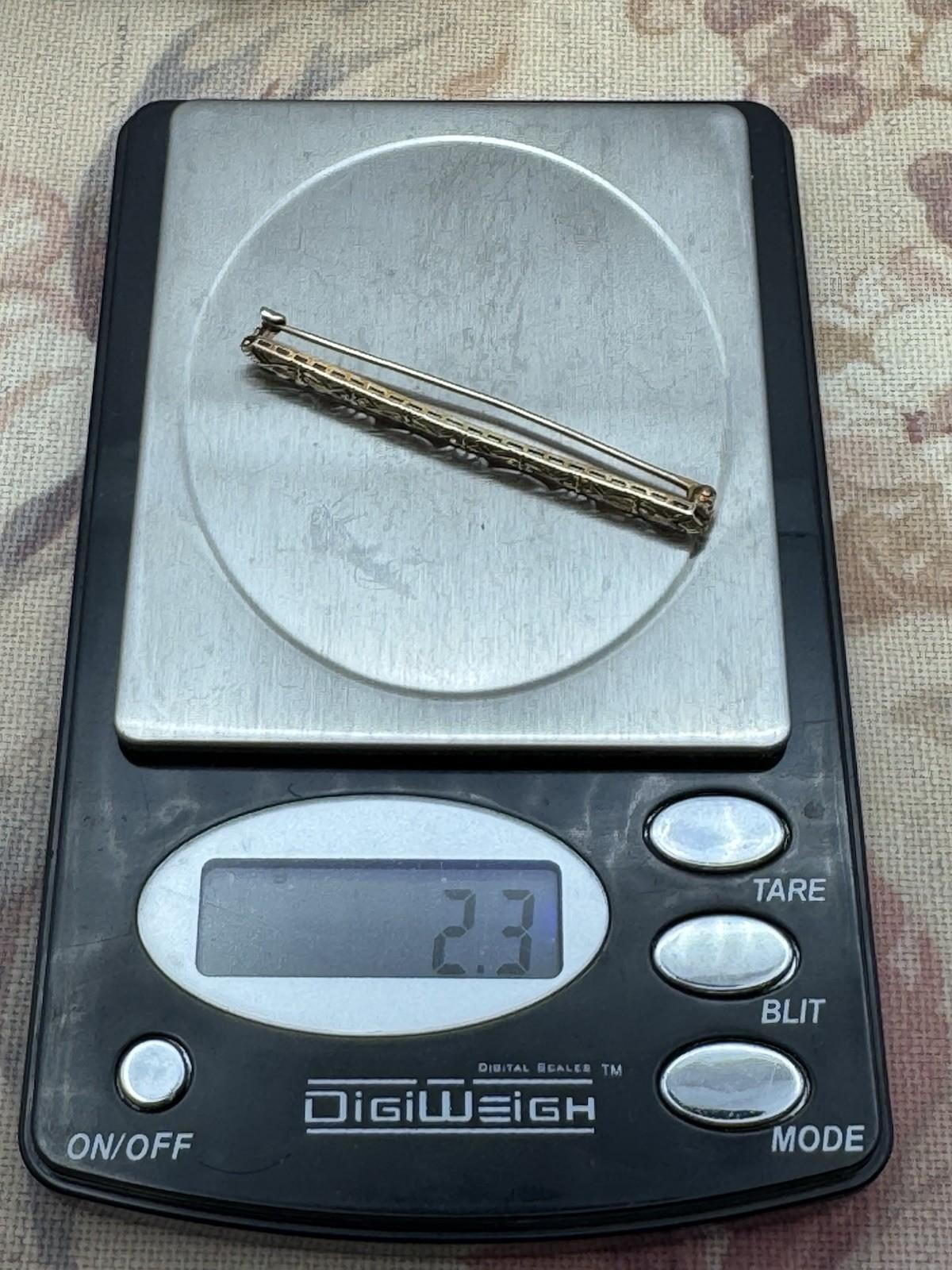 Antique 14K Gold Filigree Bar Brooch Pin Circa 1910-20 2” 2.3g