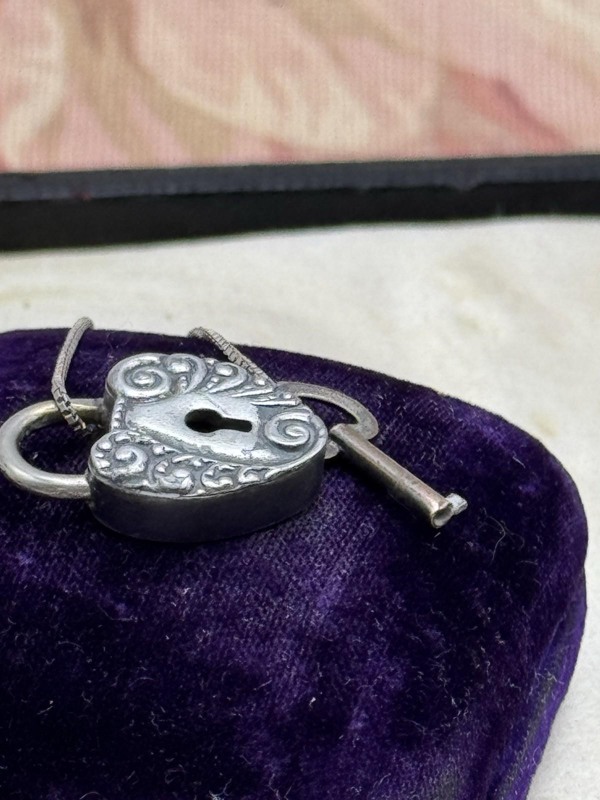 Antique Victorian Sterling Heart Padlock Locket Key 19” Sterling Chain Necklace