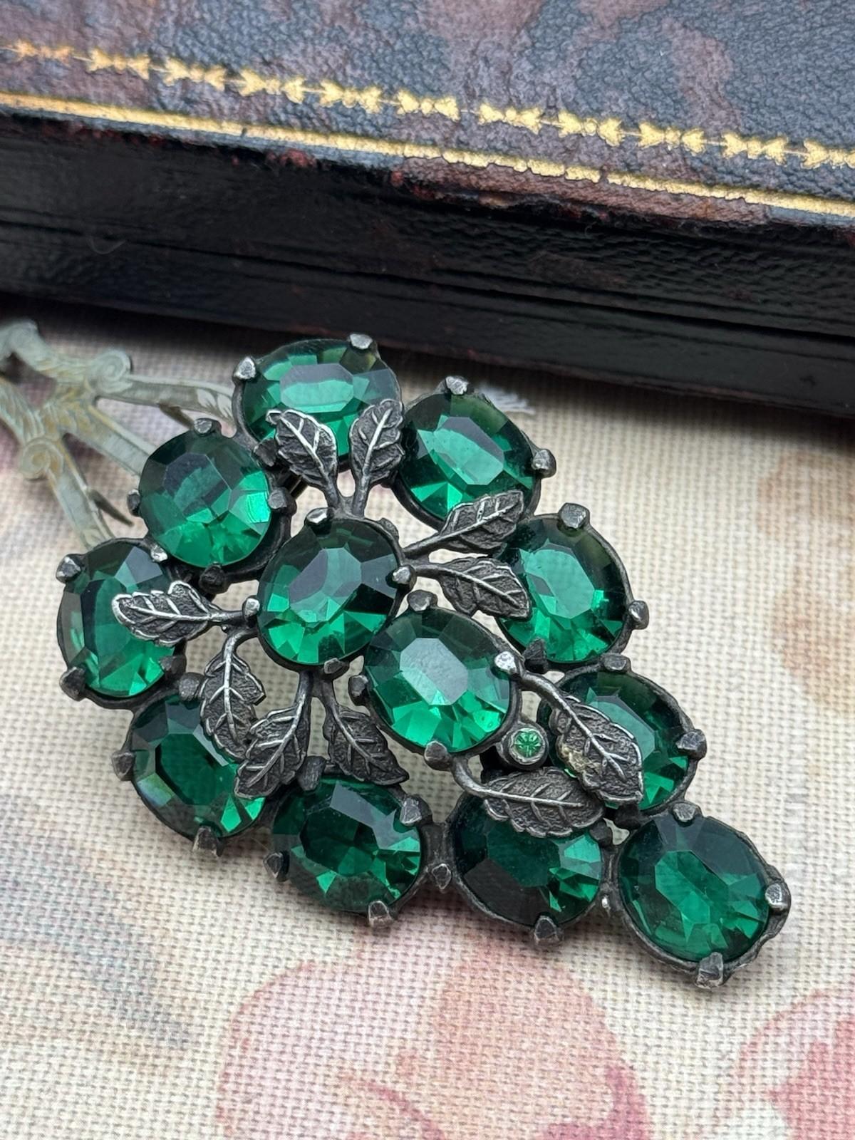 Antique Art Deco Czech Style GREEN Rhinestone Cluster Dress Clip 2.4in