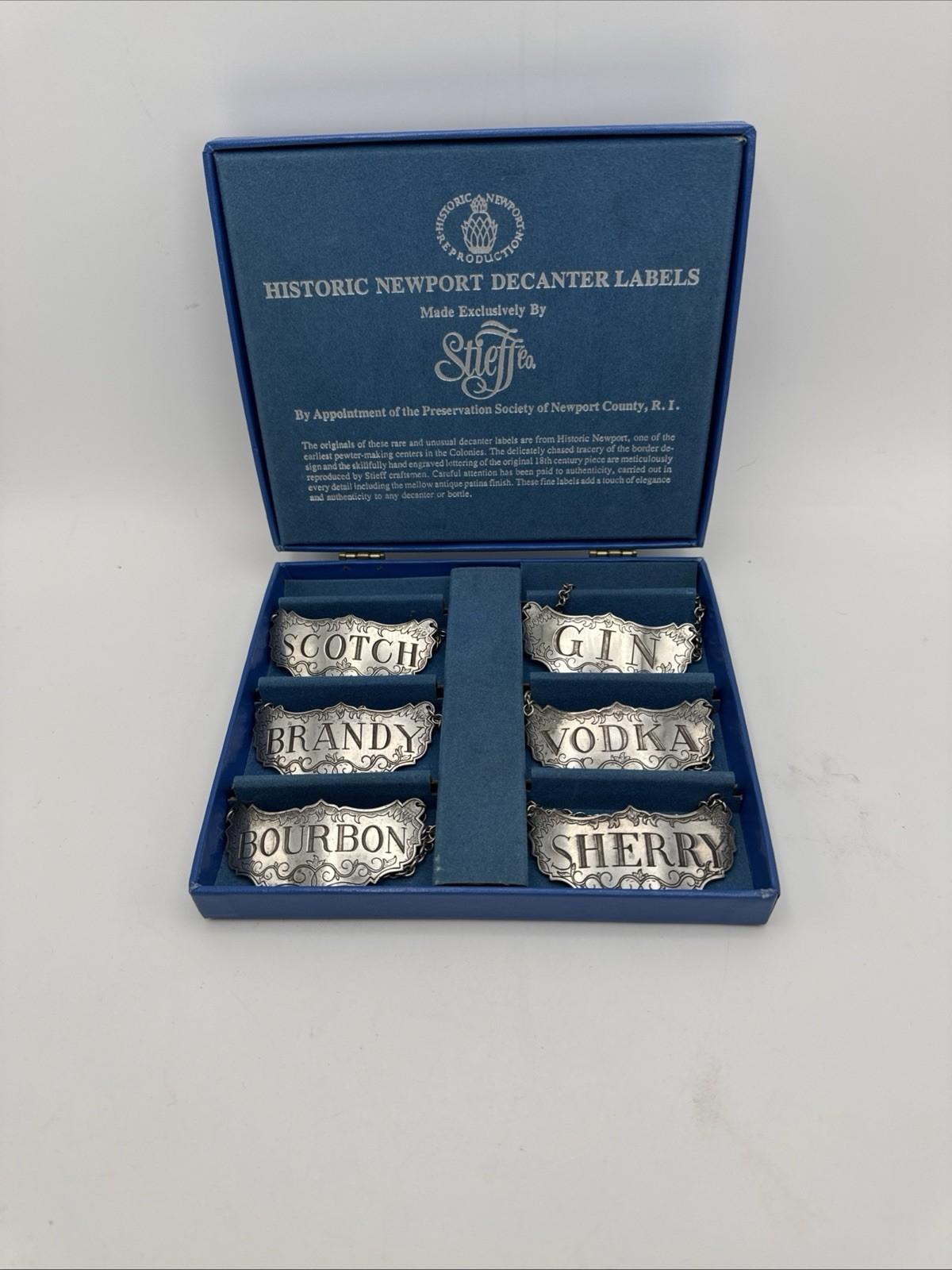 Stieff Historic Newport Decanter Labels Set Of 6 With Box Vintage Bar