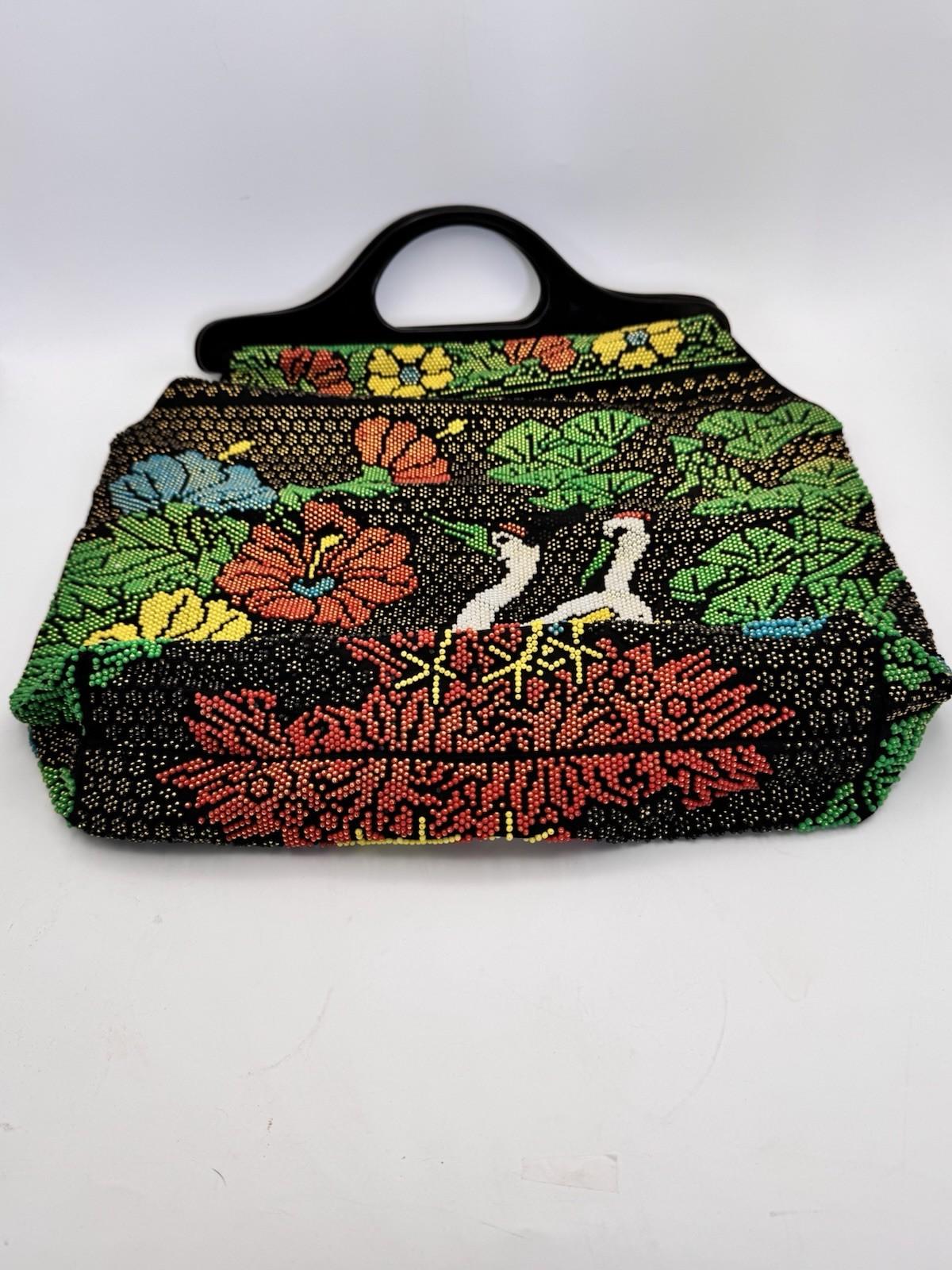 Vintage Beaded Stork Tote Handbag Floral Garden Seed Bead Black Handle AS IS‼️