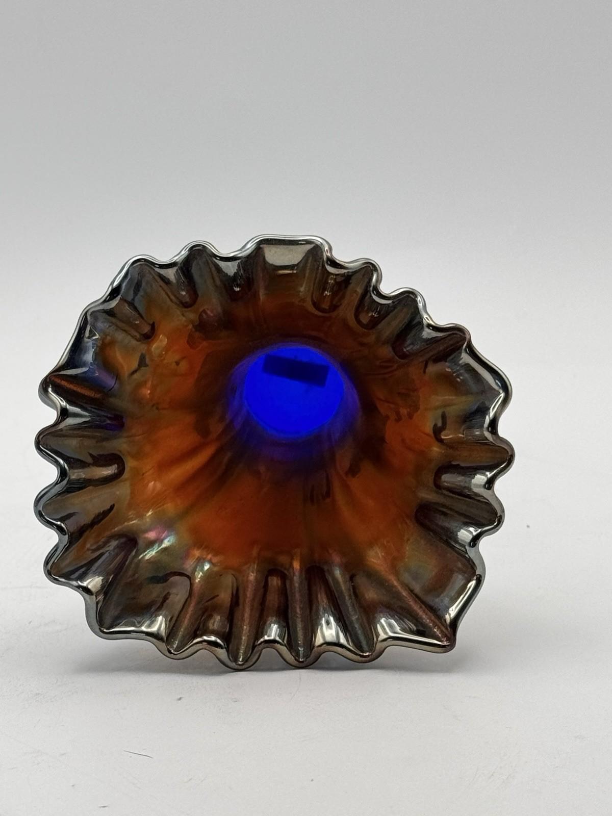 Vintage Carnival Glass Vase Iridescent Ruffled Rim Blue Interior 8”