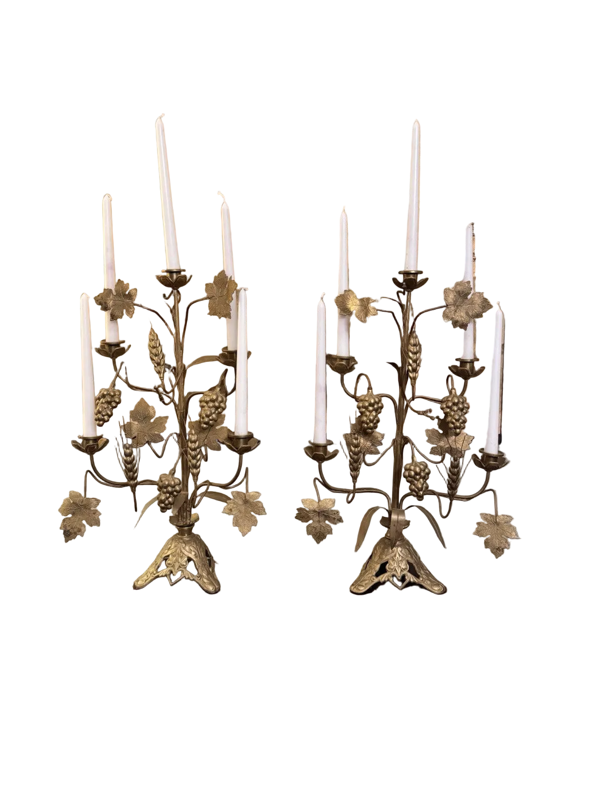 Candelabra Pair French Altar Style Gilt Metal Grape Wheat Five Light 21.25”