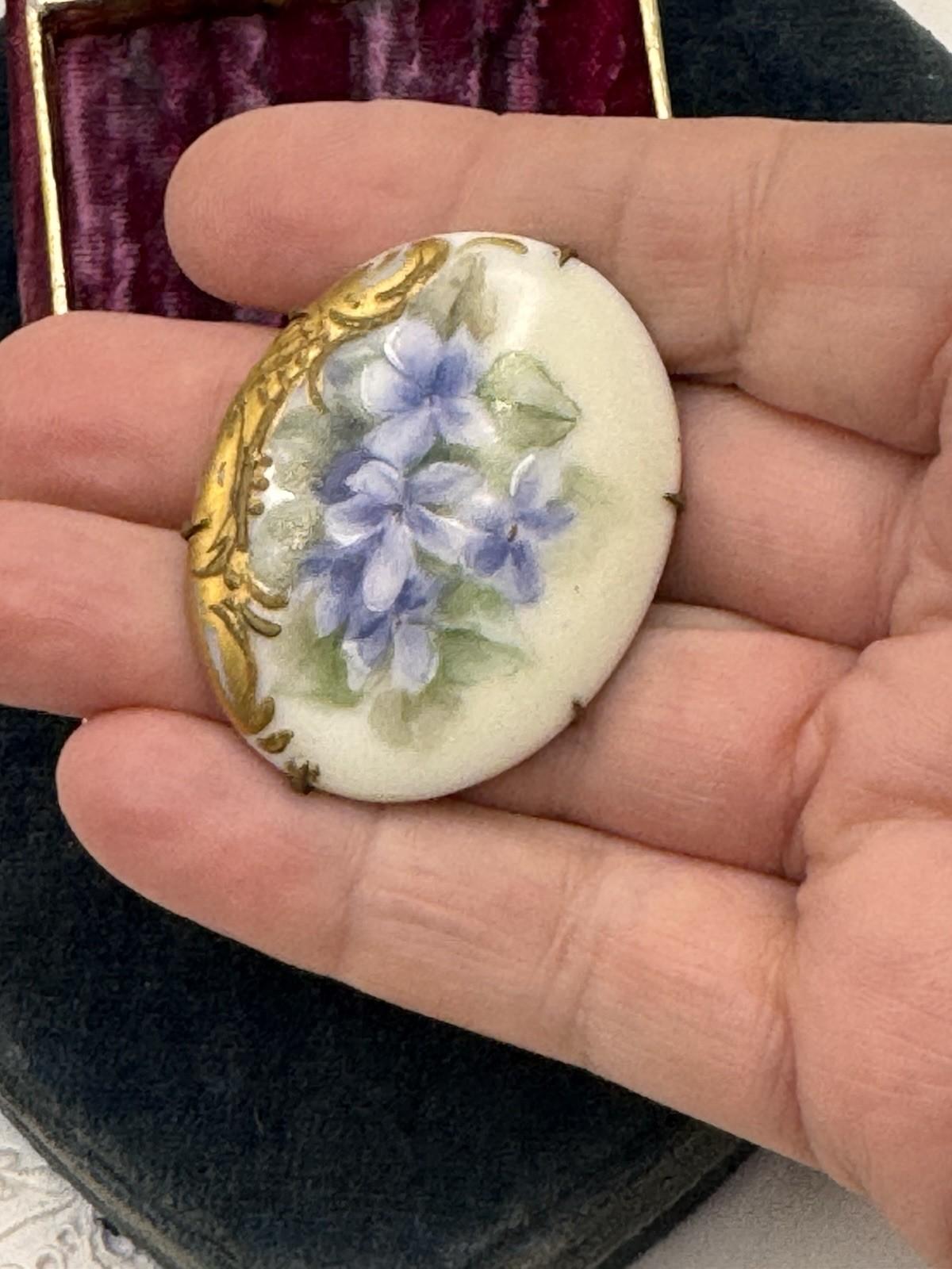 Antique Brooch Hand Painted Violet Porcelain Gilt Oval Victorian 1.75”