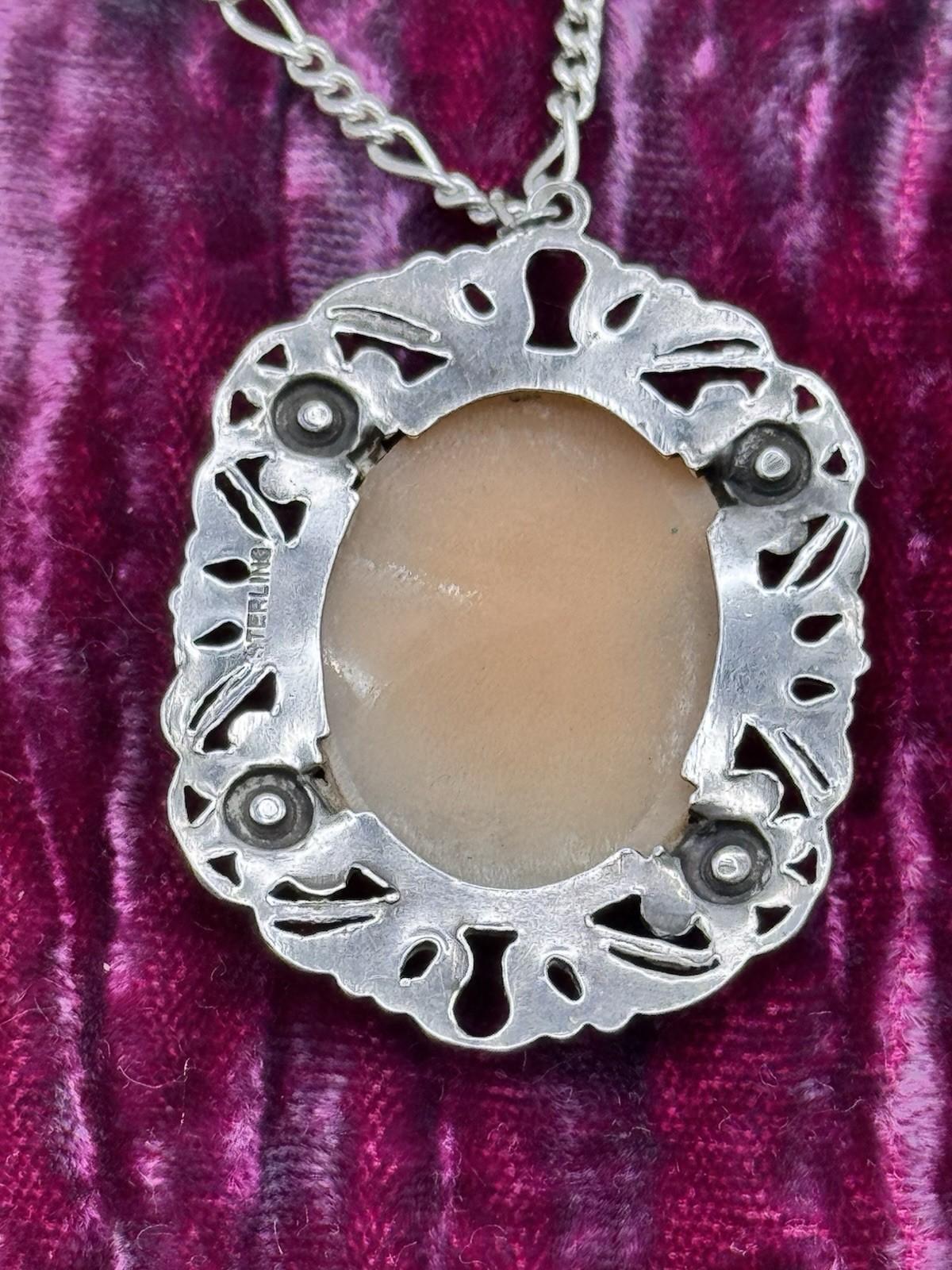 Sterling Cameo Pendant Marcasite Accents 18in Silvertone Chain Lady 1.5x1.2