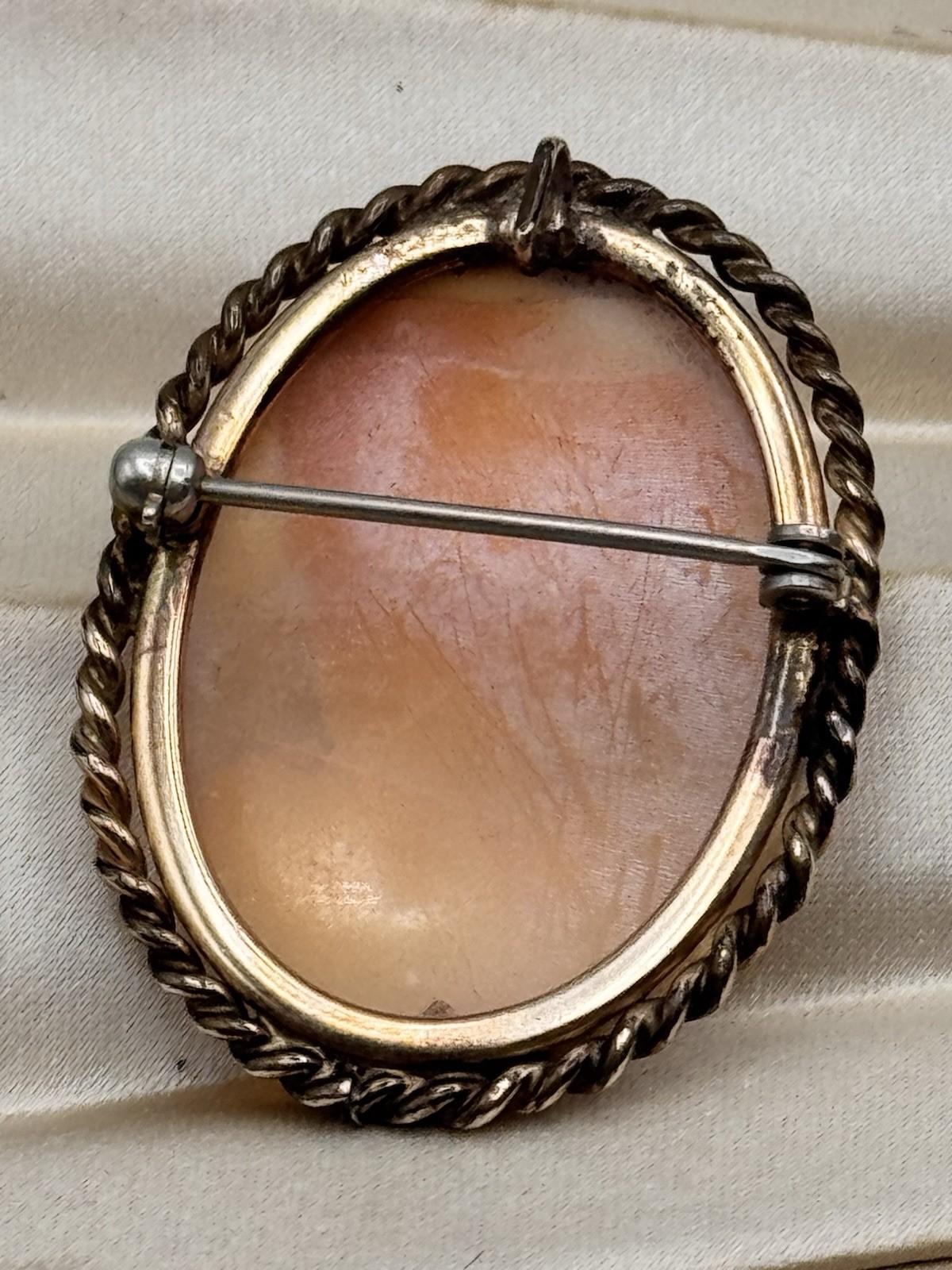Vintage Goldtone Cameo Brooch Pendant Left Facing Lady Rope Frame