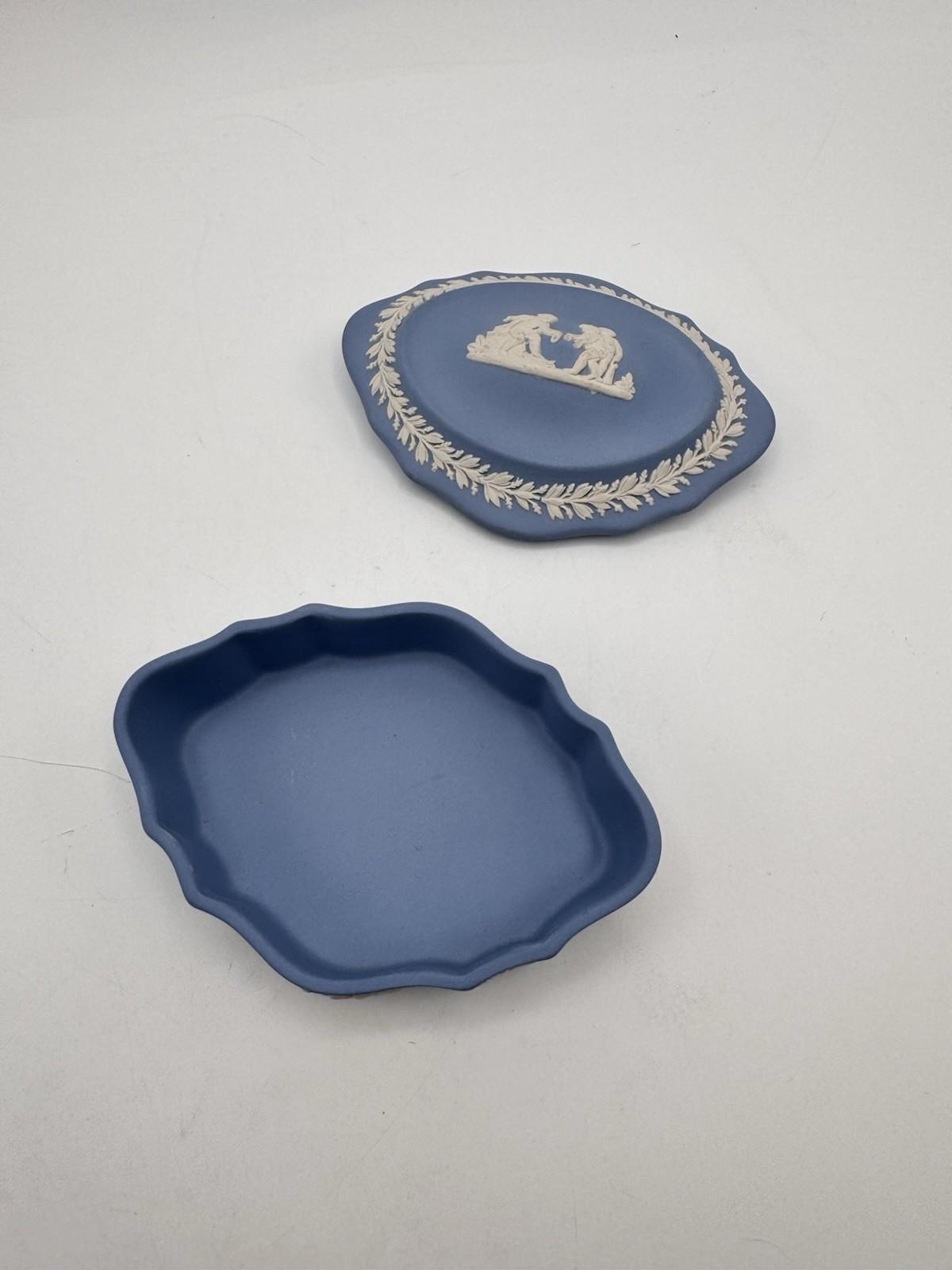 Wedgwood Jasperware Trinket Box Blue White Relief 4.5”