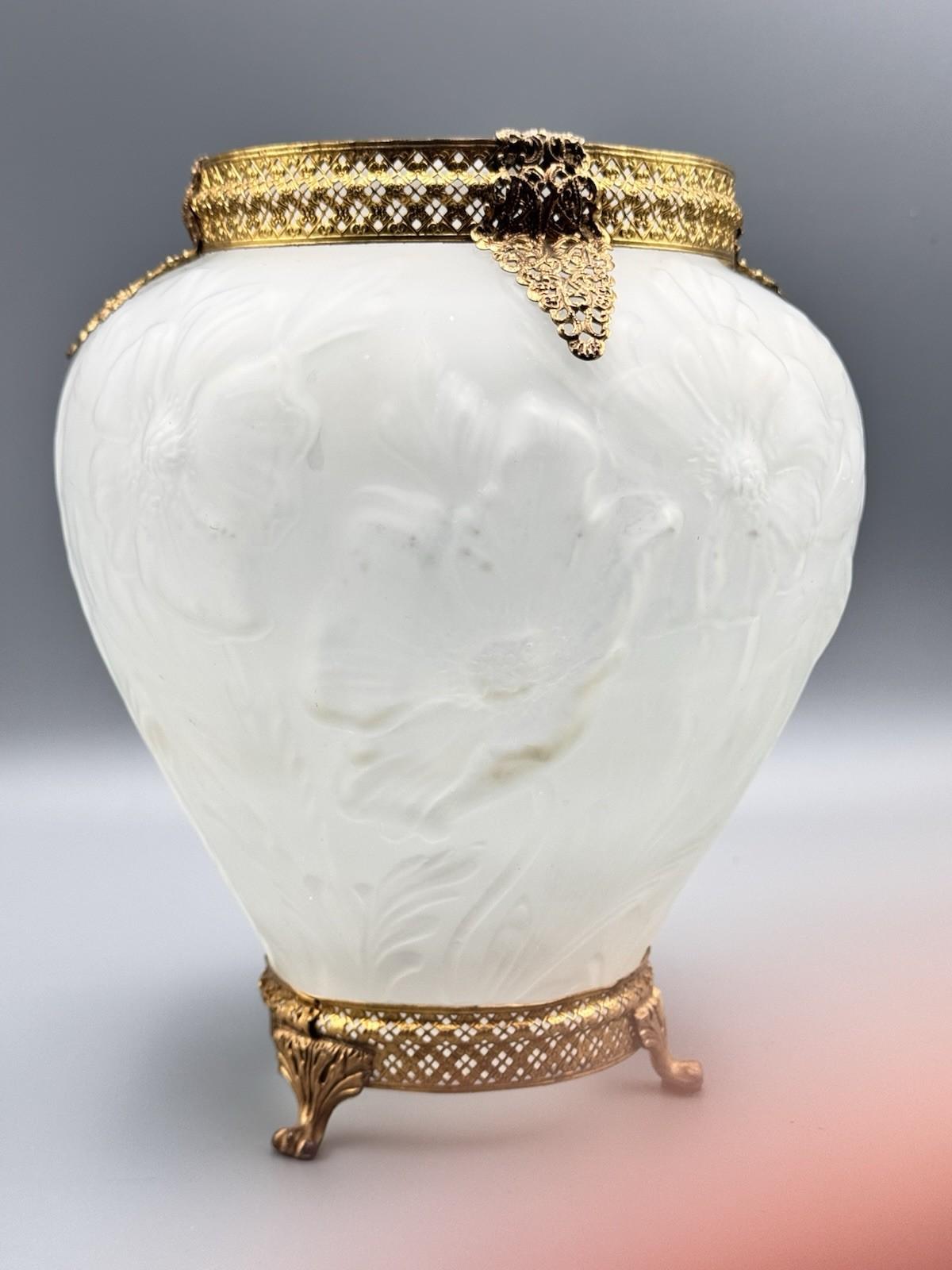 Vase Art Nouveau Satin Glass Poppy Flowers Gold Filigree Ormolu 9.25”