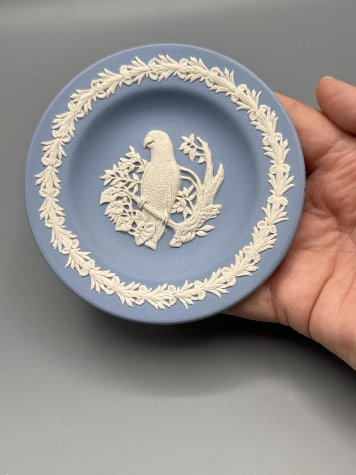 Wedgwood Jasperware Parrot Pin Dish Blue Relief 4.3”