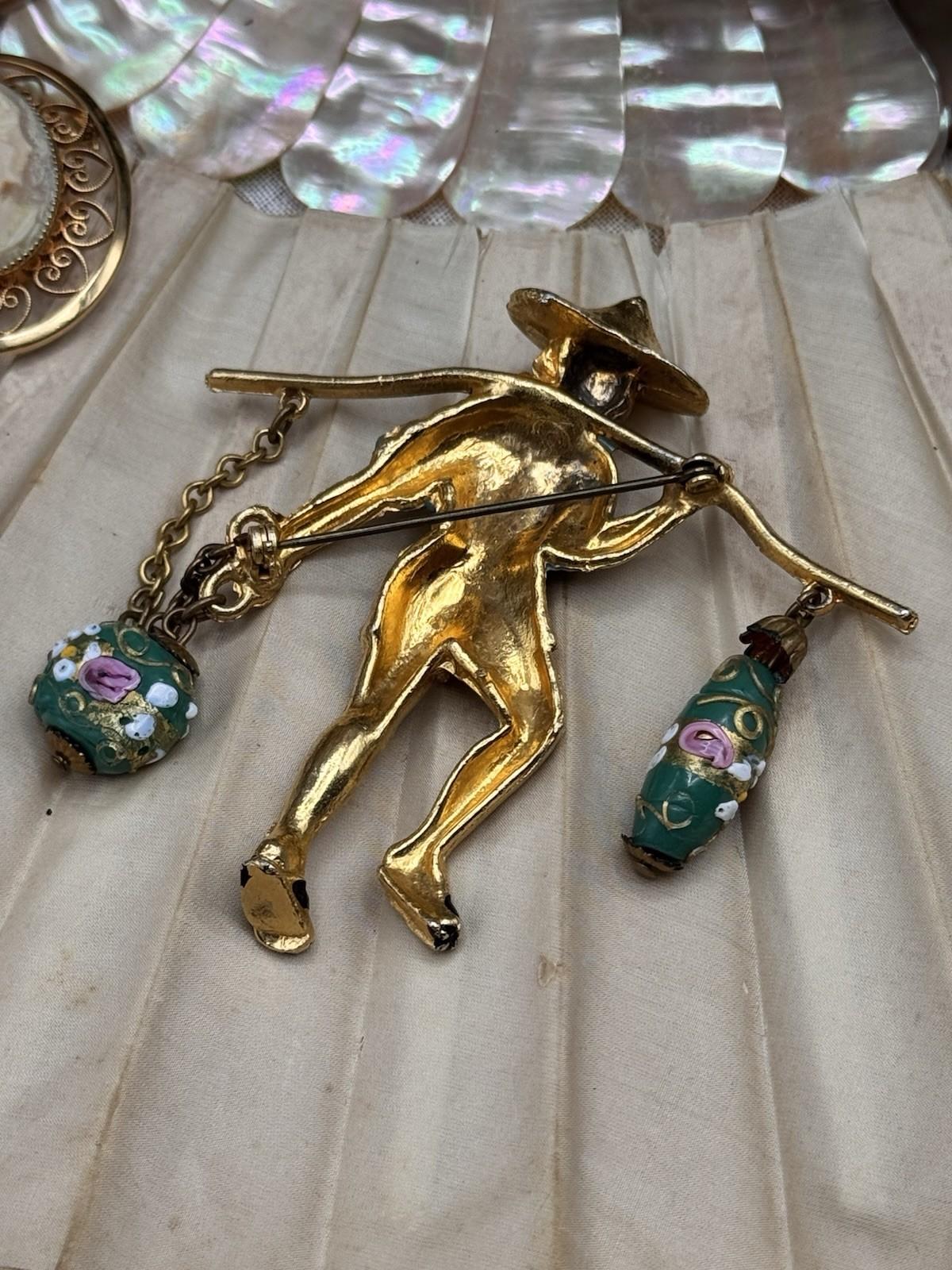 Goldtone Asian Water Boy Glass Dangle Beads Brooch Pin Unsigned