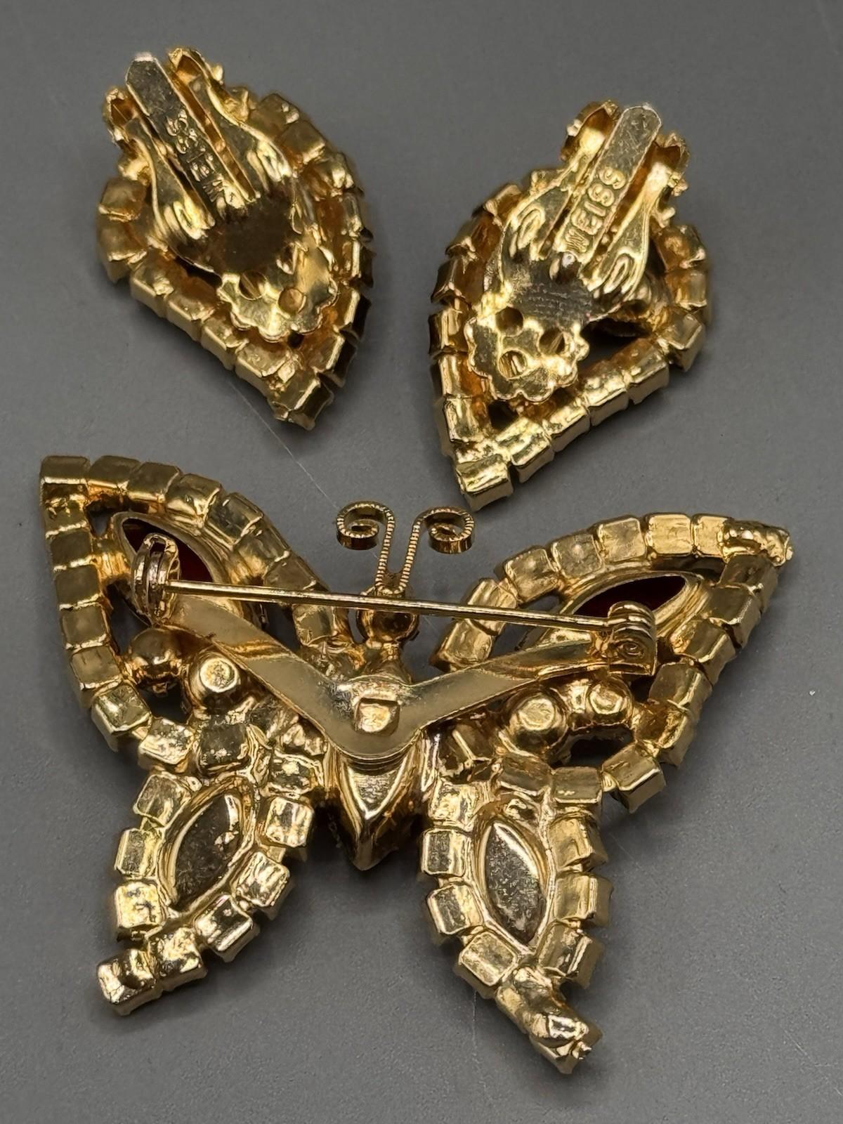Vintage Butterfly Brooch Weiss Earrings “Ruby” Red Rhinestone Goldtone Set