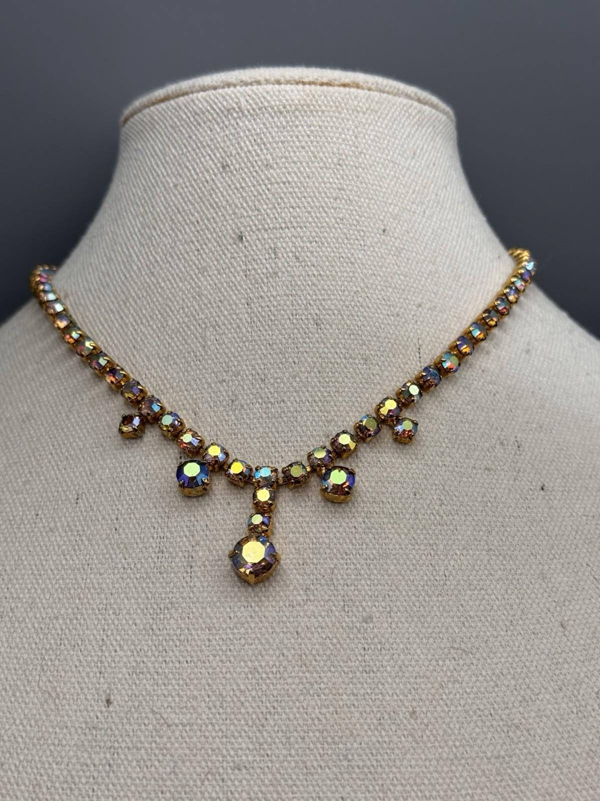 Vintage AB Rhinestone Necklace Goldtone Crystal Drop Statement