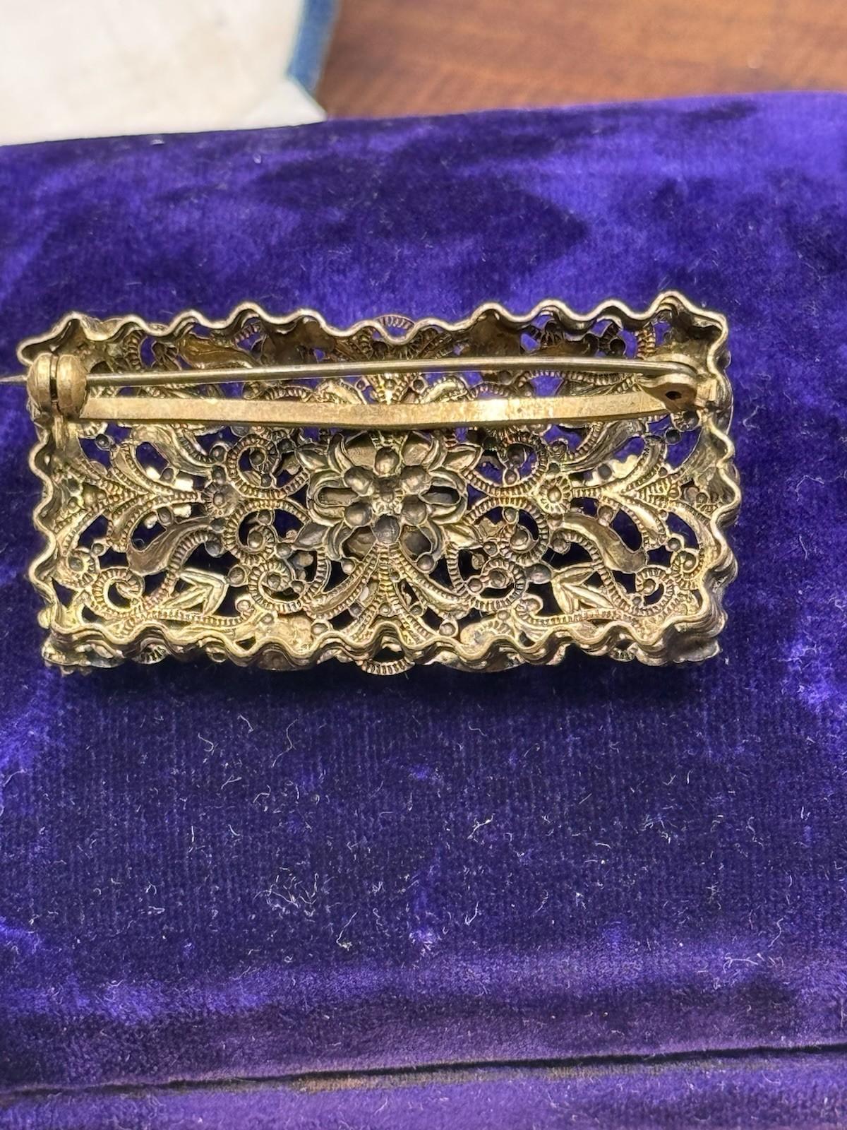 Vintage Czech Brooch Royal Blue Glass White Enamel Filigree Brass 2”