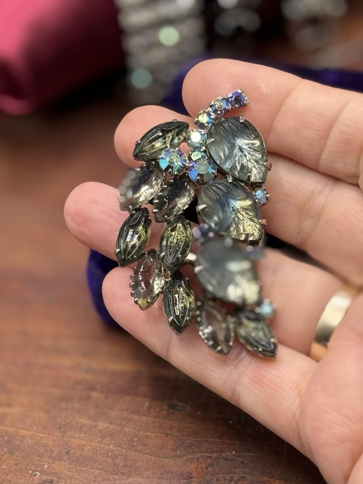Vintage Brooch Satin Lucite Leaf Rhinestone Grey Blue AB Floral 2.5”