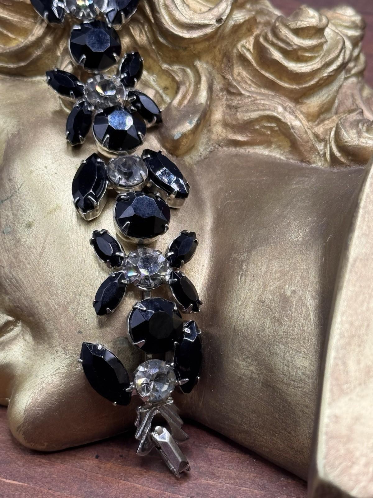 Vintage WEISS Bracelet Black Clear Rhinestone Signed 6”