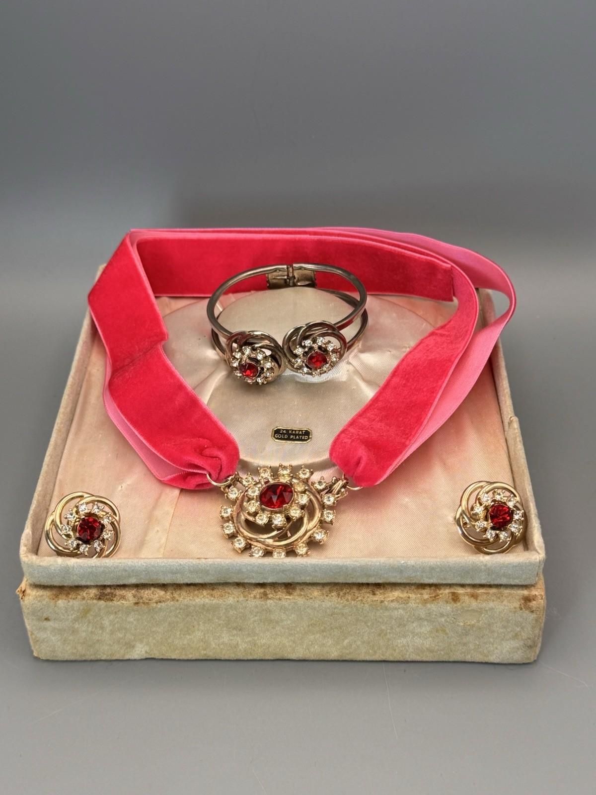 Vintage MCM Jewelry Set Red Rhinestone Goldtone Cuff Brooch Earrings