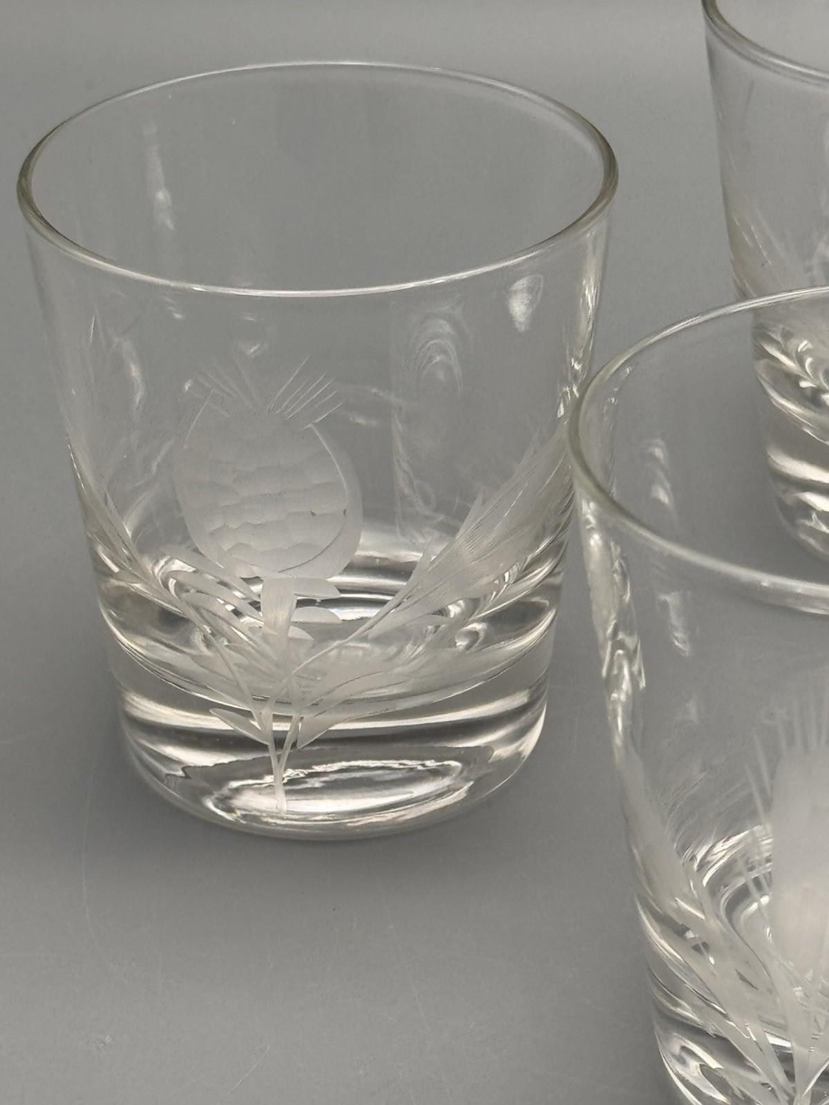 Vintage Etched Glass Tumblers Thistle Wheat Set 4 Lowball 3”