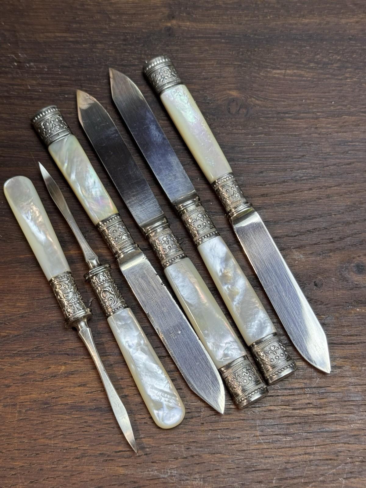 Meriden Cutlery Co Fruit Knives MOP Handle Set Nut Picks Silverplate