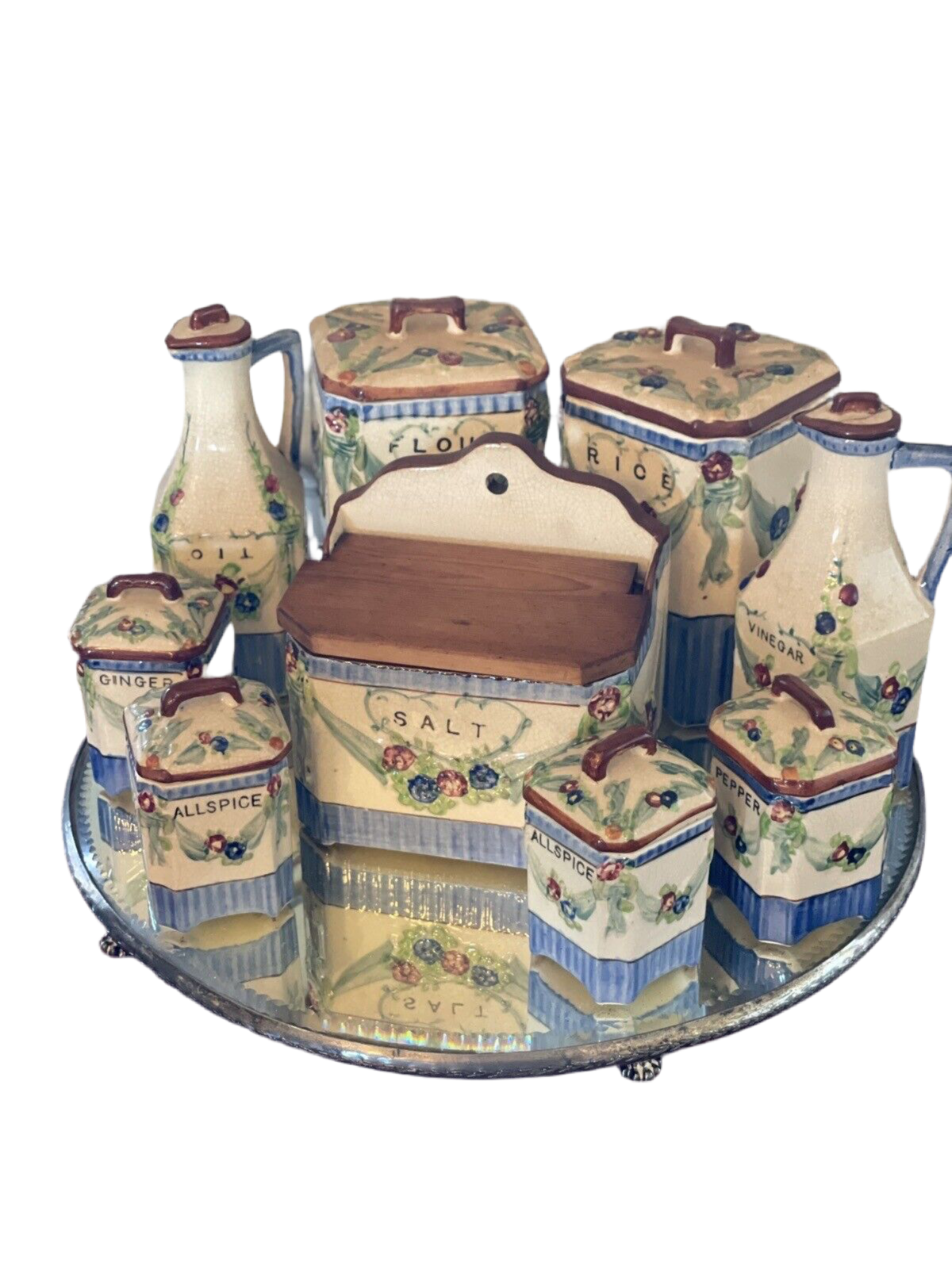 Vintage 9 Piece Canister Kitchen Set, Flour, Rice, Oil, Vinegar Set Hand Painted