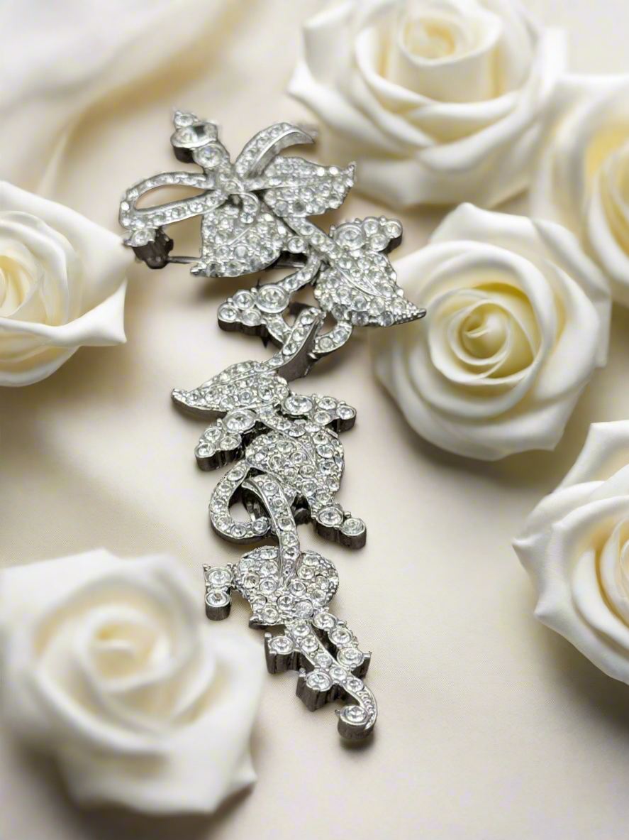 Vintage Nolan Miller Brooch 6” Articulated Rhinestone Floral Design ART Deco