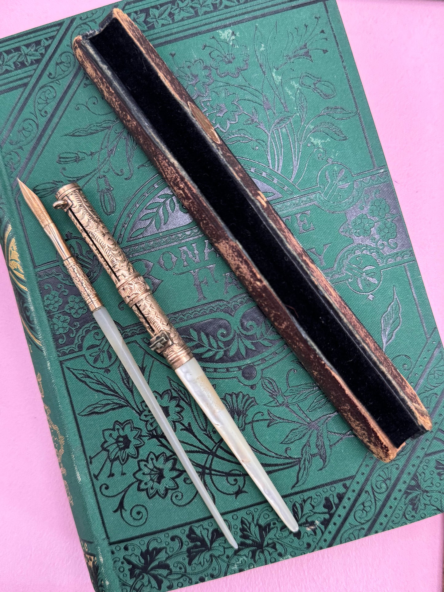 Victorian MOP Pencil Holder Dip Pen Gold Filled Writing Set Case Decor Set AS IS‼️