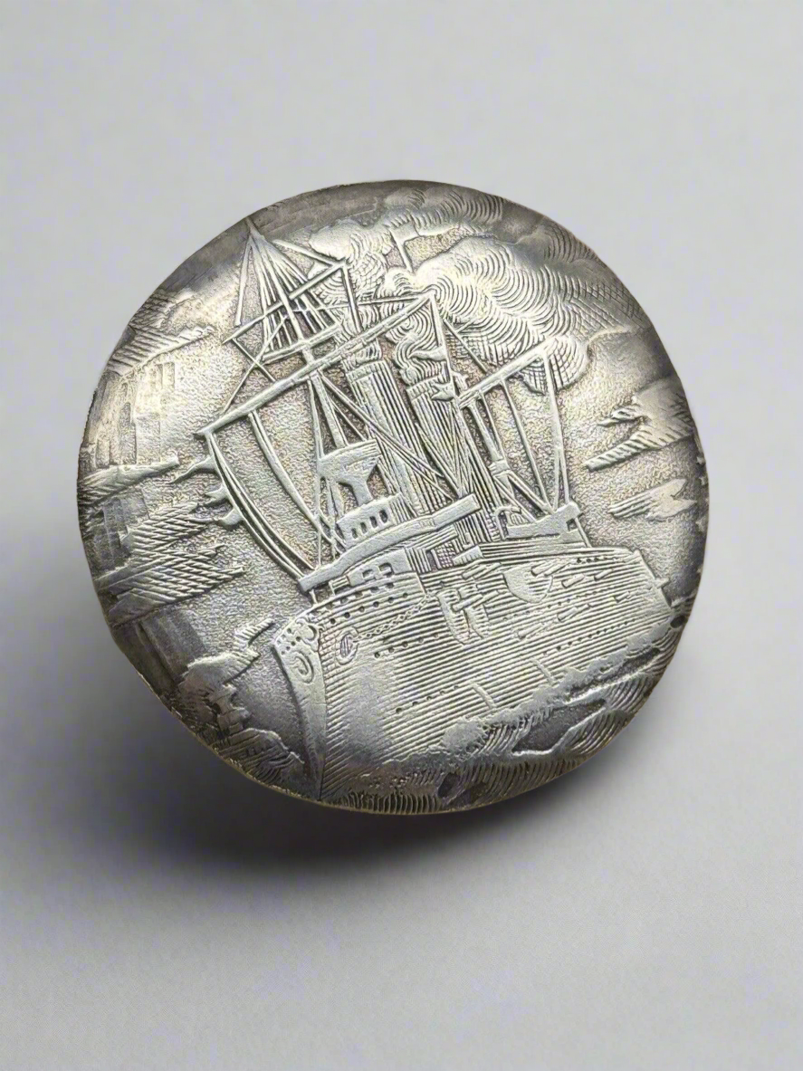 Antique NAUTICAL Brooch Pin NIEL H F 900 Silver Old Watch Back SHIP Engraved
