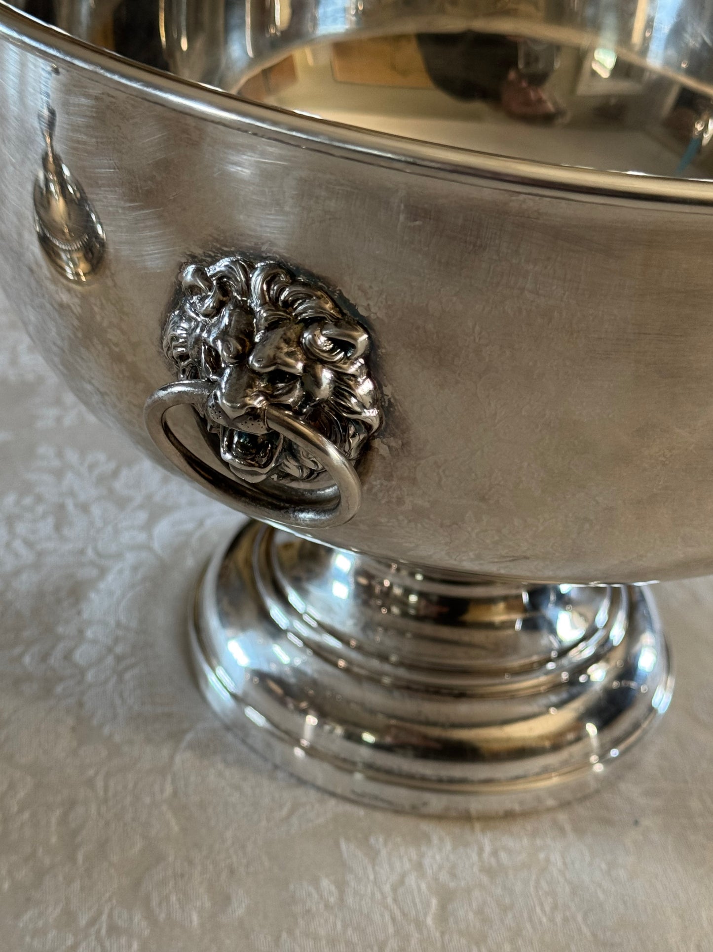 Vintage Silverplate Punch Bowl LARGE Wine Cooler Lion Head Ring Handles Rogers