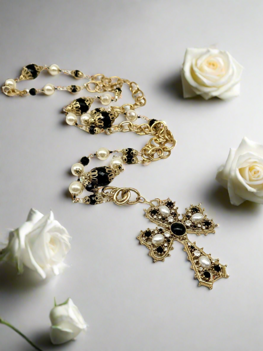 Vintage Gold-Tone Black Rhinestone Faux Pearl Cross On Long 46” Necklace