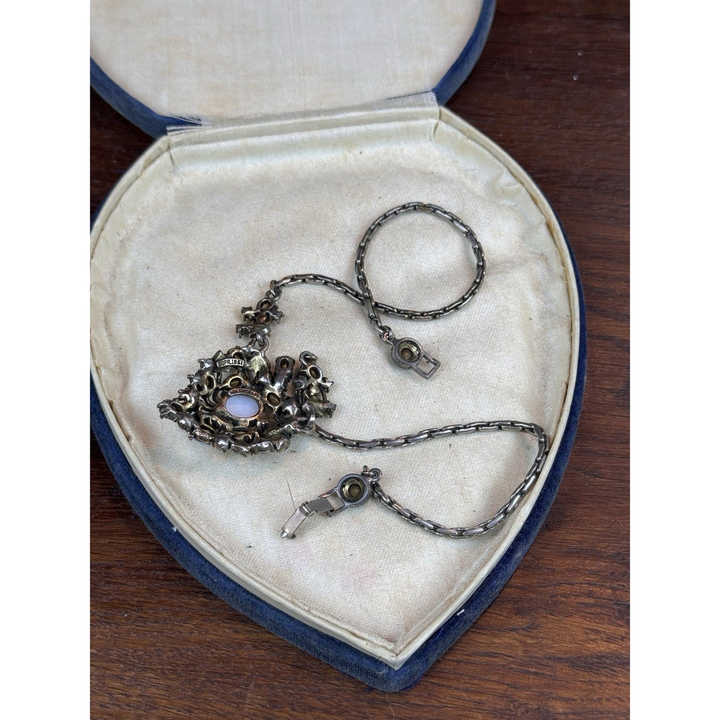 Vintage Hollycraft Necklace 1951 Blue Rhinestone Heart Easter Egg Silvertone 16”