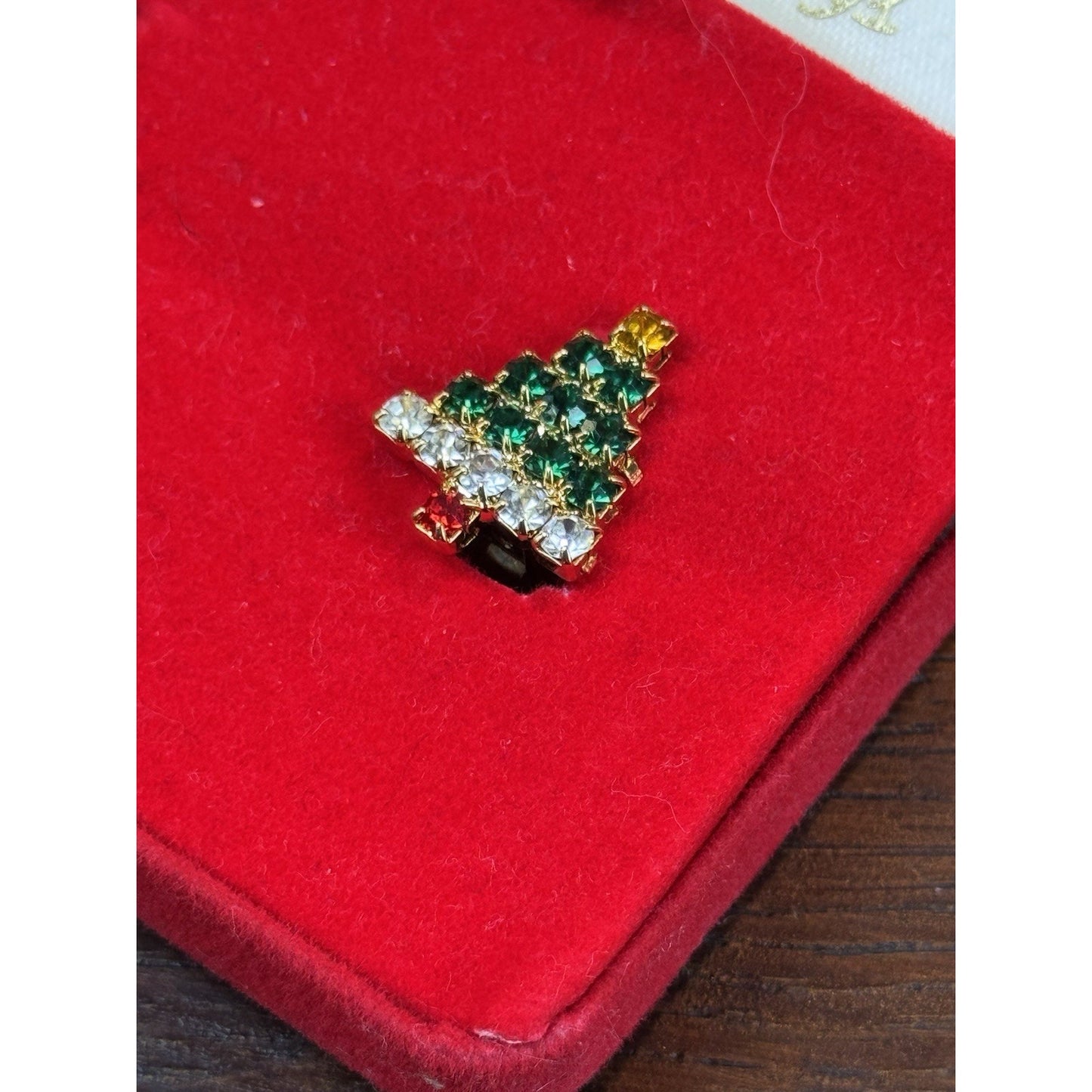 Christmas Tree Earrings .75” Clip On Goldtone Rhinestone Holiday Jewelry