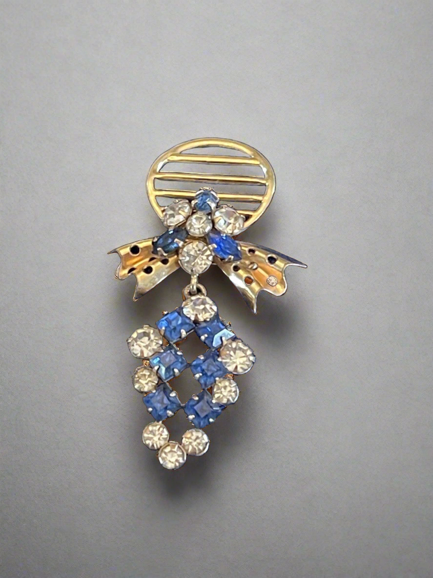 Blue & Clear Rhinestones Pendant Brooch 12kt GF Signed Phyllis Chain VINTAGE