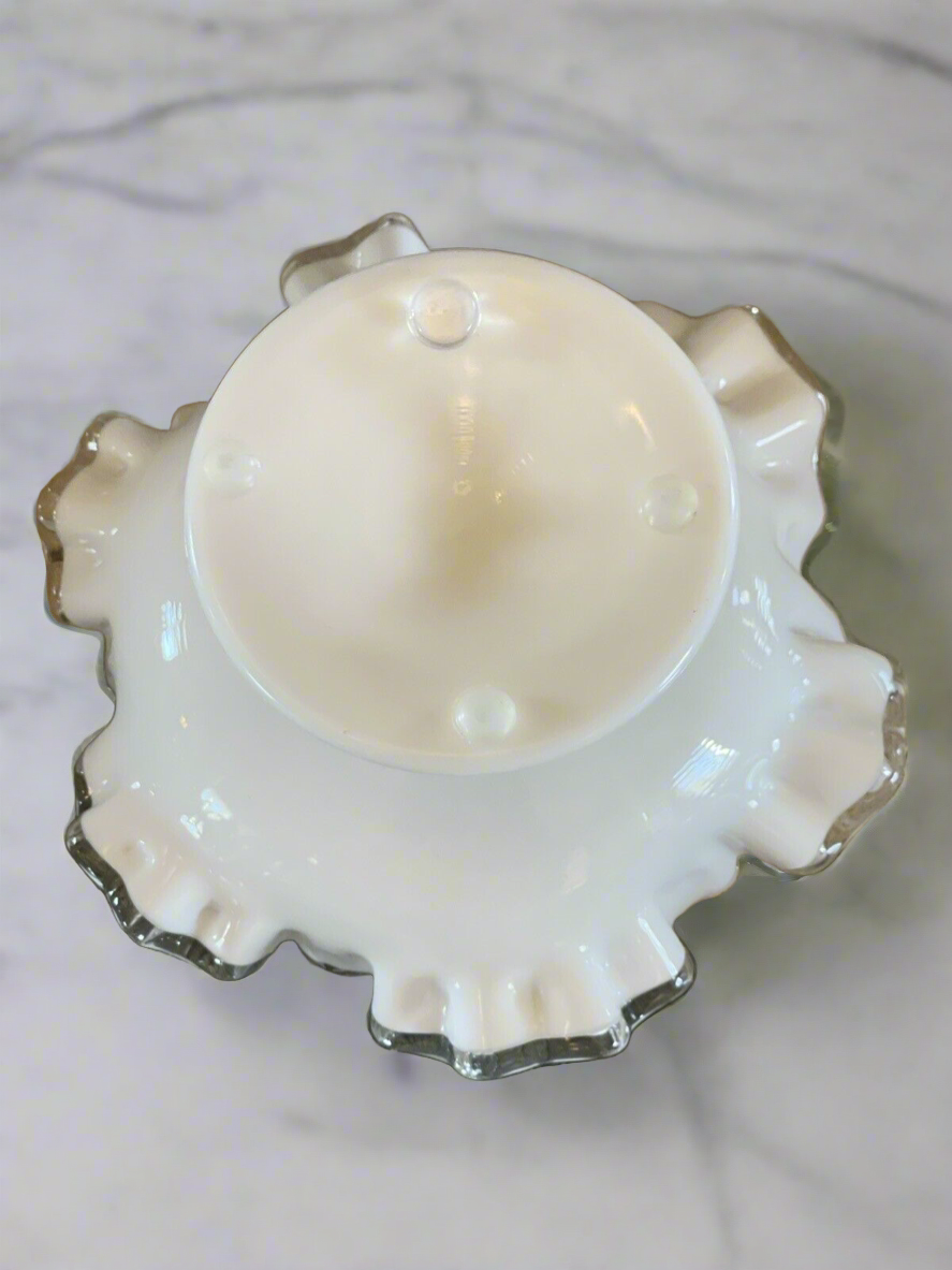 Fenton Silver Crest Style White Milk Glass Ruffled Crimped Rim Bowl VINTAGE