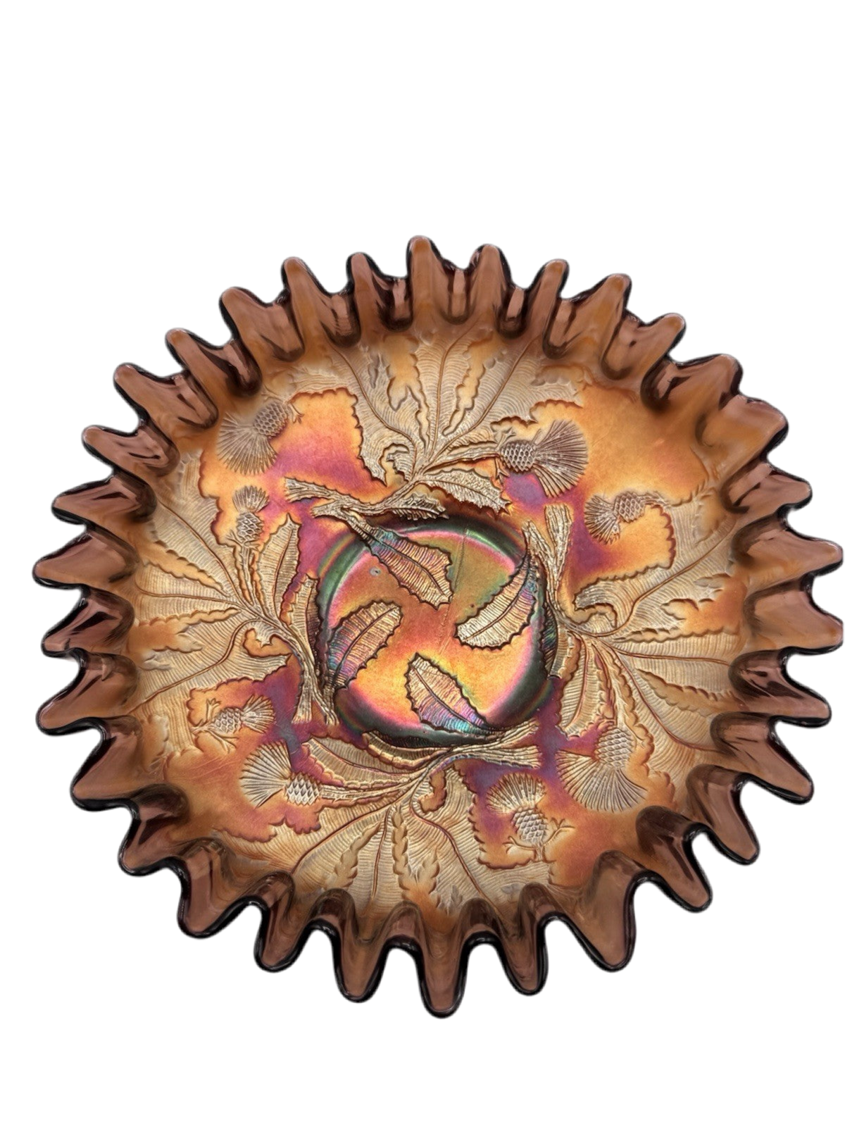 FENTON CARNIVAL GLASS THISTLE PURPLE AMETHYST 8" DIAMETER DOUBLE CRIMPED BOWL!