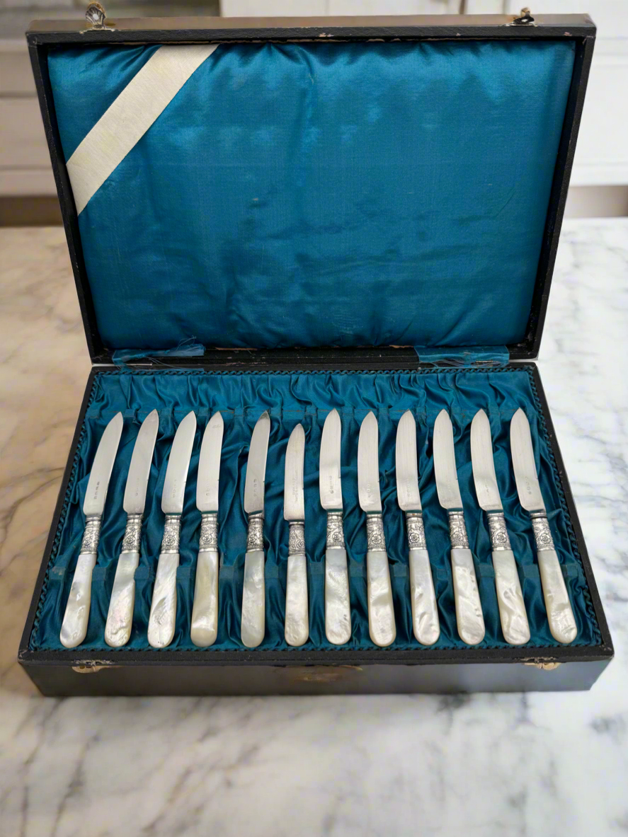 12 Antique MOTHER Of PEARL Fruit Knives Silverplate FERULE Floral Design Boxed
