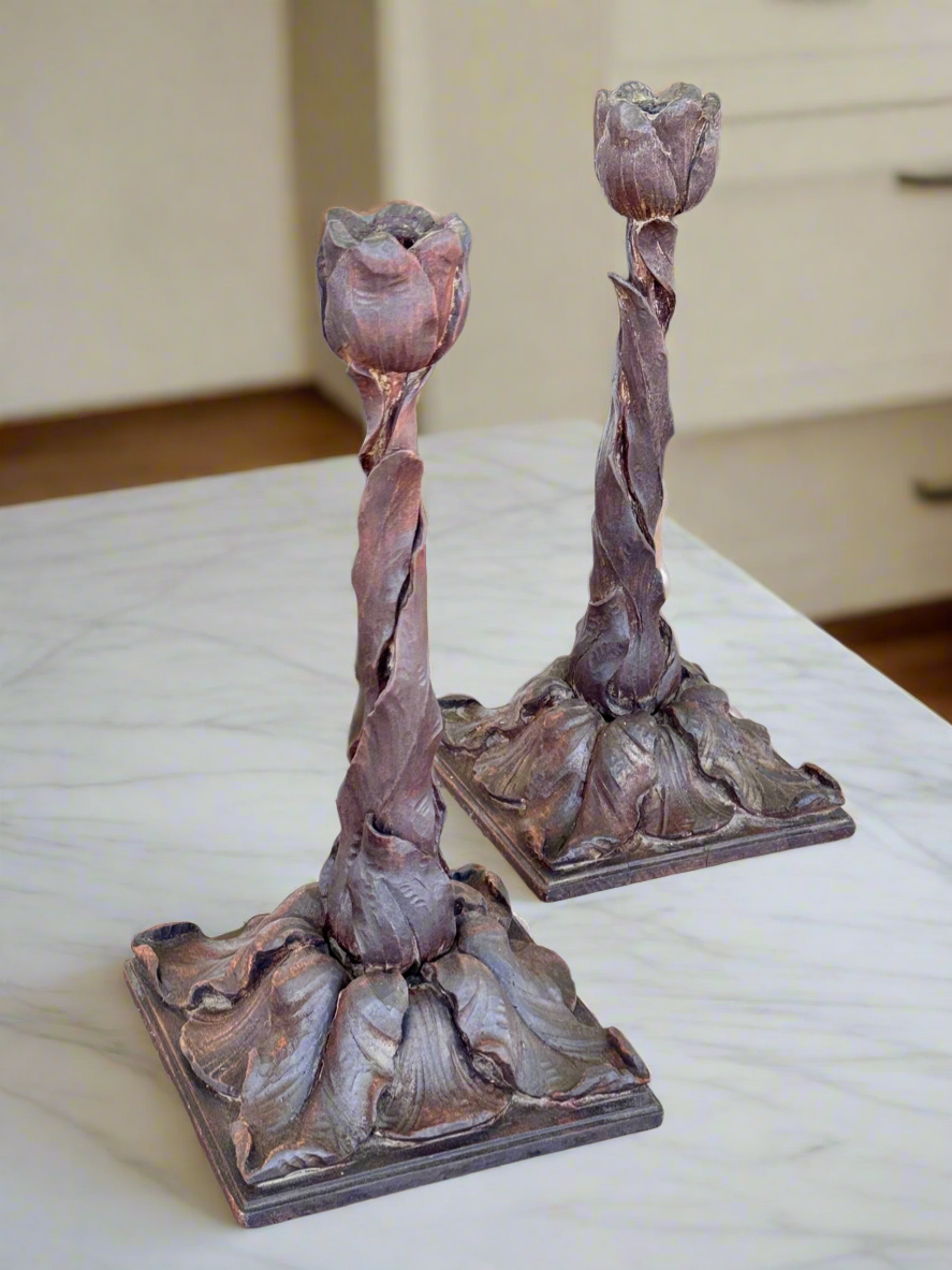 Antique BLACK FOREST Style Hand Carved Tulip Candlestick Pair Circa 14”h EXTREMELY RARE‼️