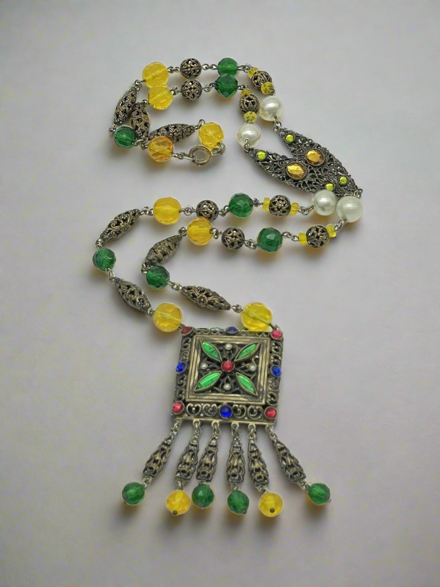 VTG Czech STYLE Drop Pendant Hidden Locket Necklace Rhinestone Faux Pearl LONG