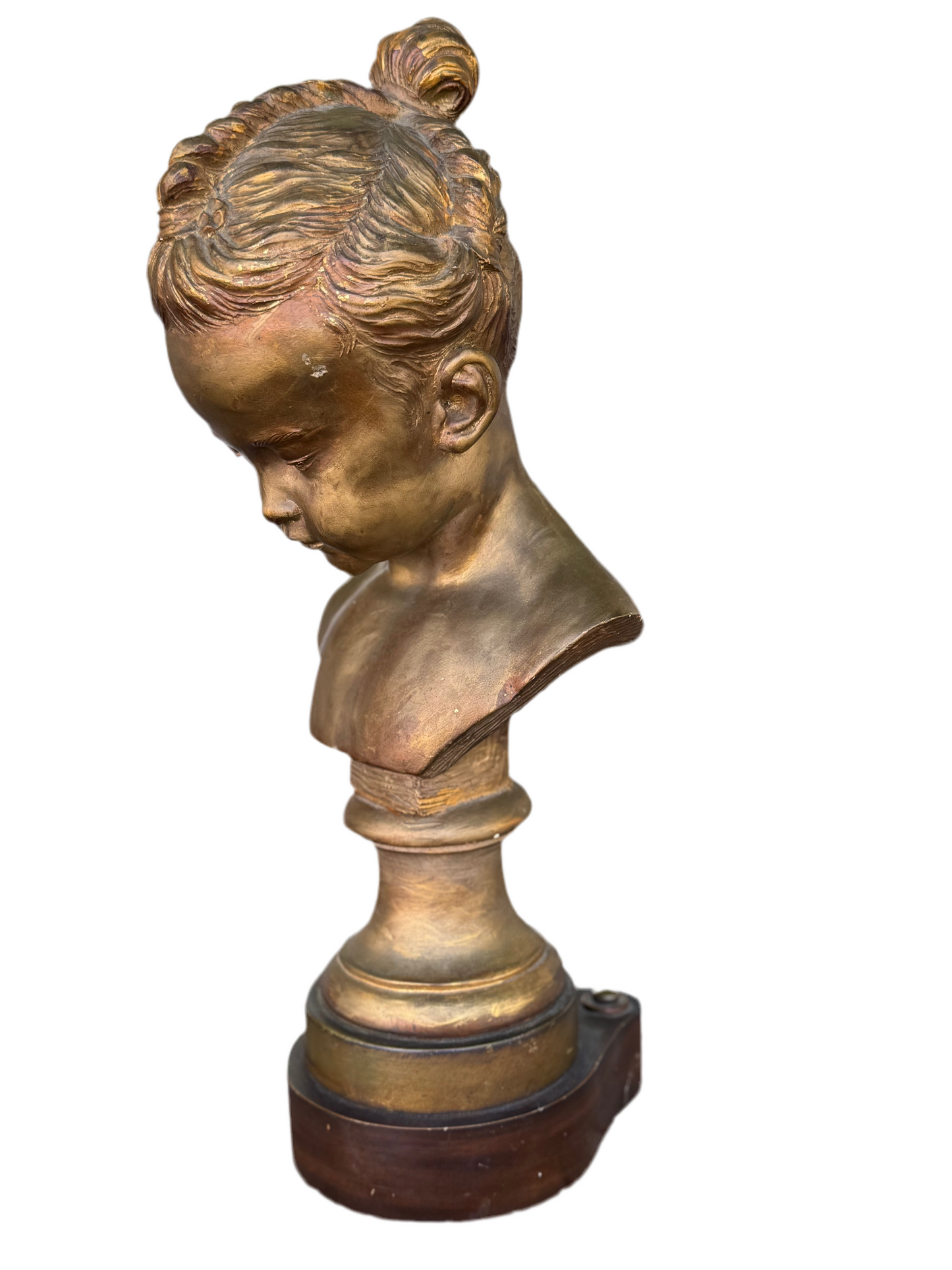 Antique STYLE French Girl Bust reproduction of a work by the French sculptor Jacques François Joseph Saly (1717-1776). SUBSTANTIAL Estate Find On Wooden Base 21”h
