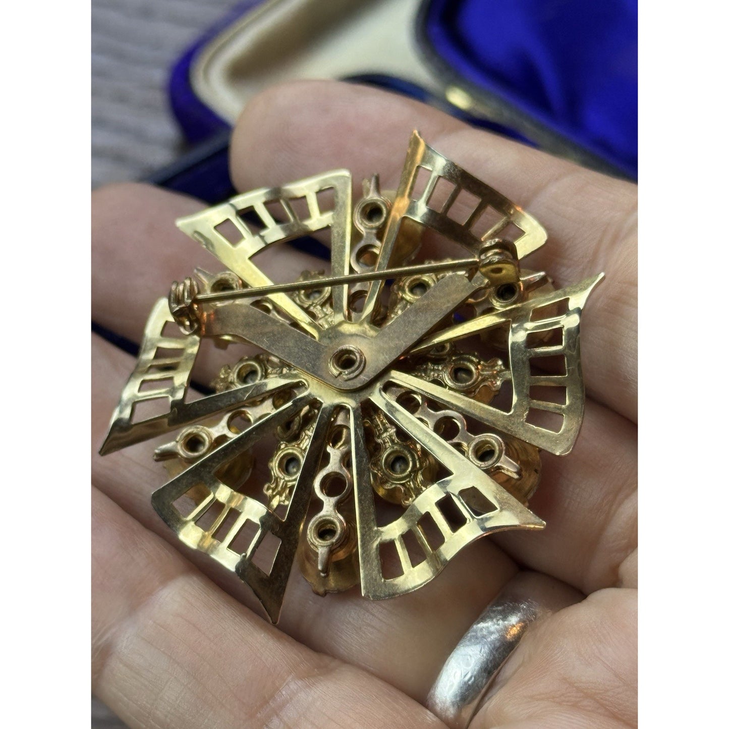 Vintage AB Rhinestone Brooch Goldtone Atomic Starburst 2”
