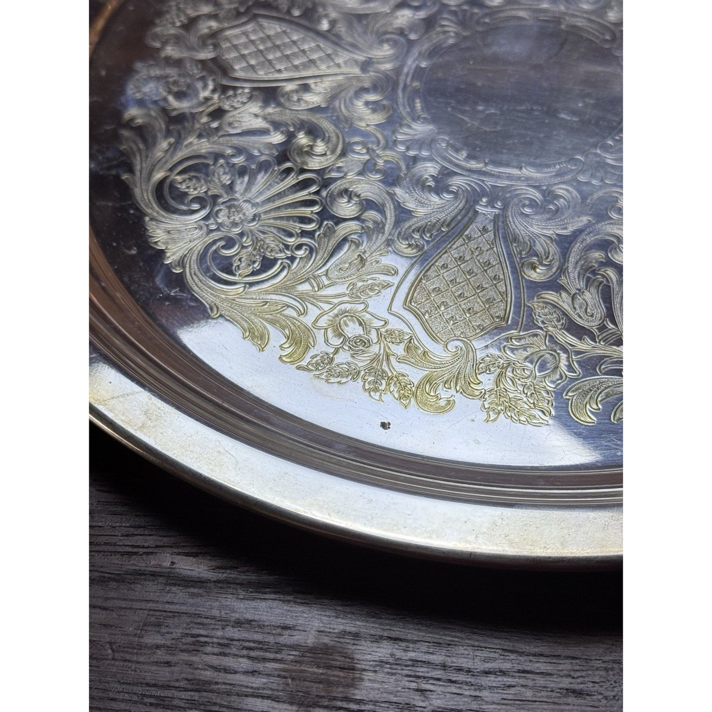 Vintage Silverplate Round Serving Tray 12” Ornate Floral Engraved Platter