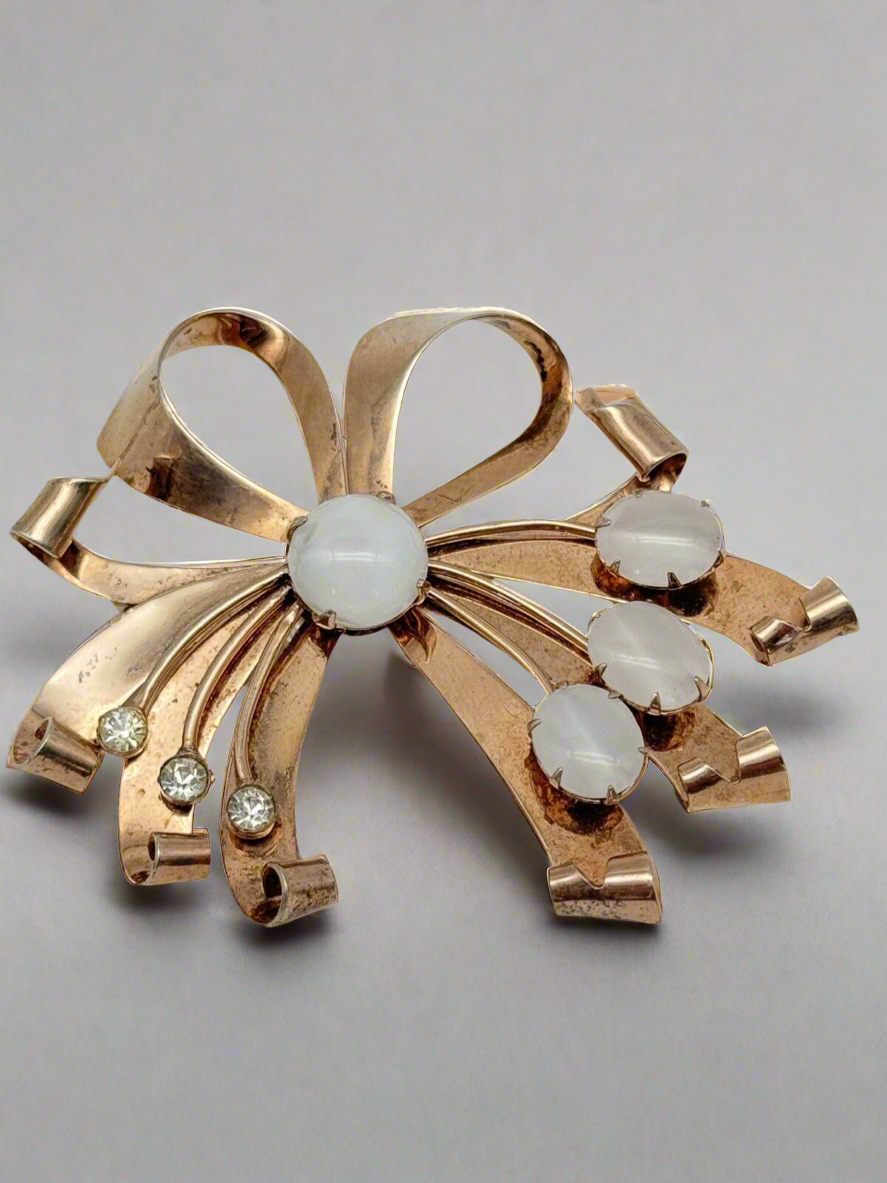 1940s Brooch STERLING Gold VERMEIL Retro Ribbon With Opaline Stones & Rhinestone