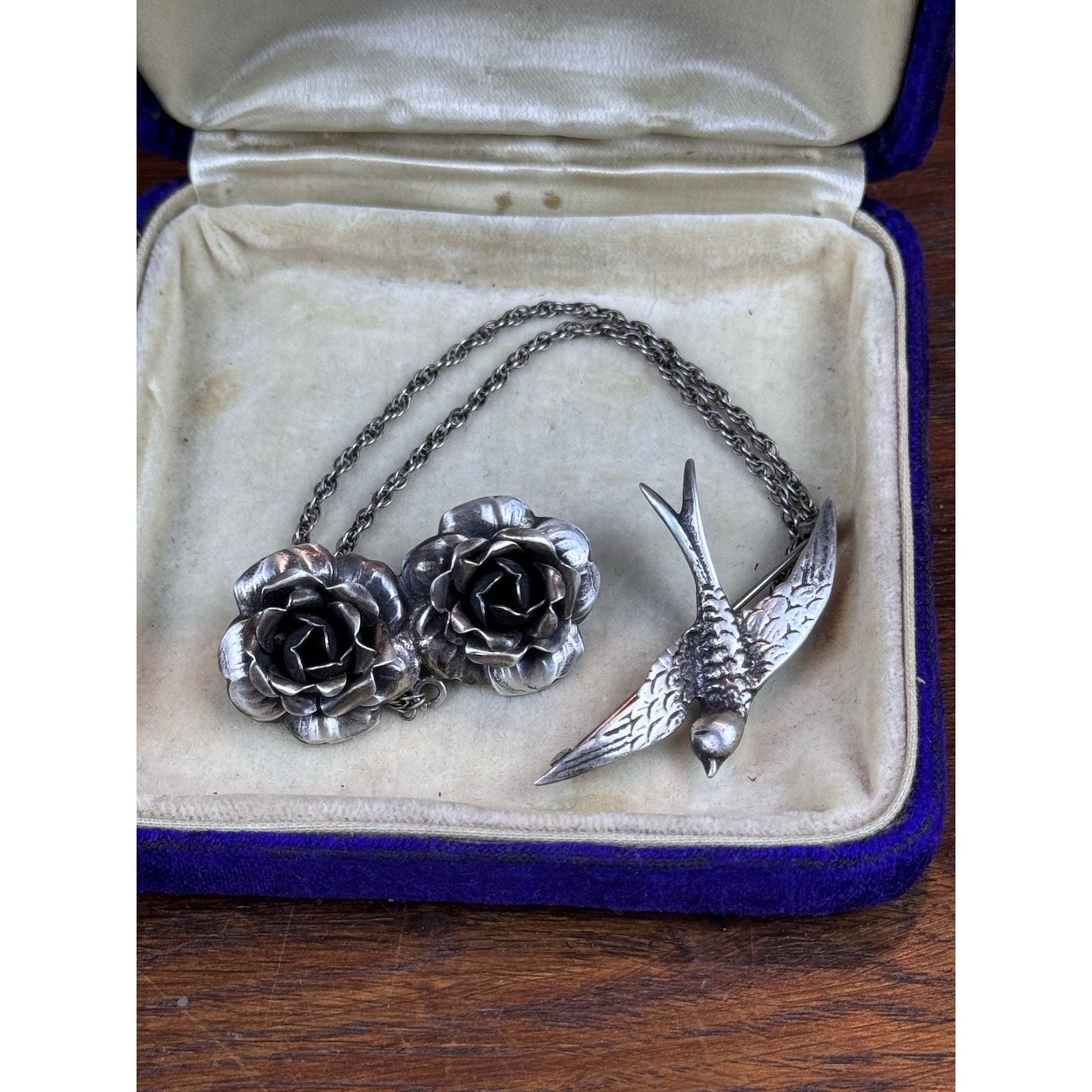 Vintage Sterling Silver Chatelaine Brooch Swallow Roses Double Chain 5.25”