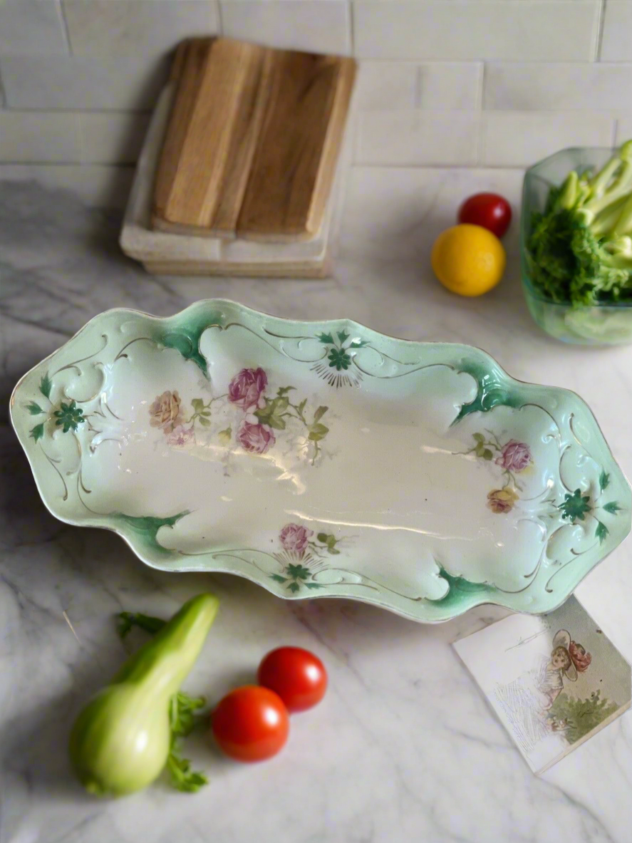 Antique Victorian Carl Tielsch Celery Dish Roses With Green Border